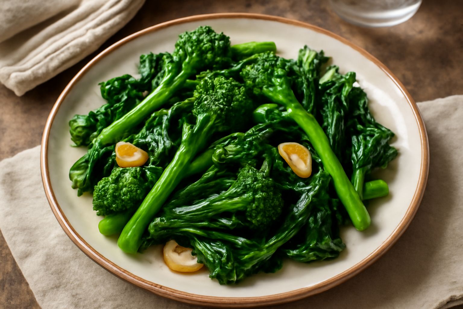 Broccoletti di rapa verde scuro saltati in padella di ferro, con aglio dorato ai lati, olio che lucida le cimette, serviti in piatto bianco con bordo grigio