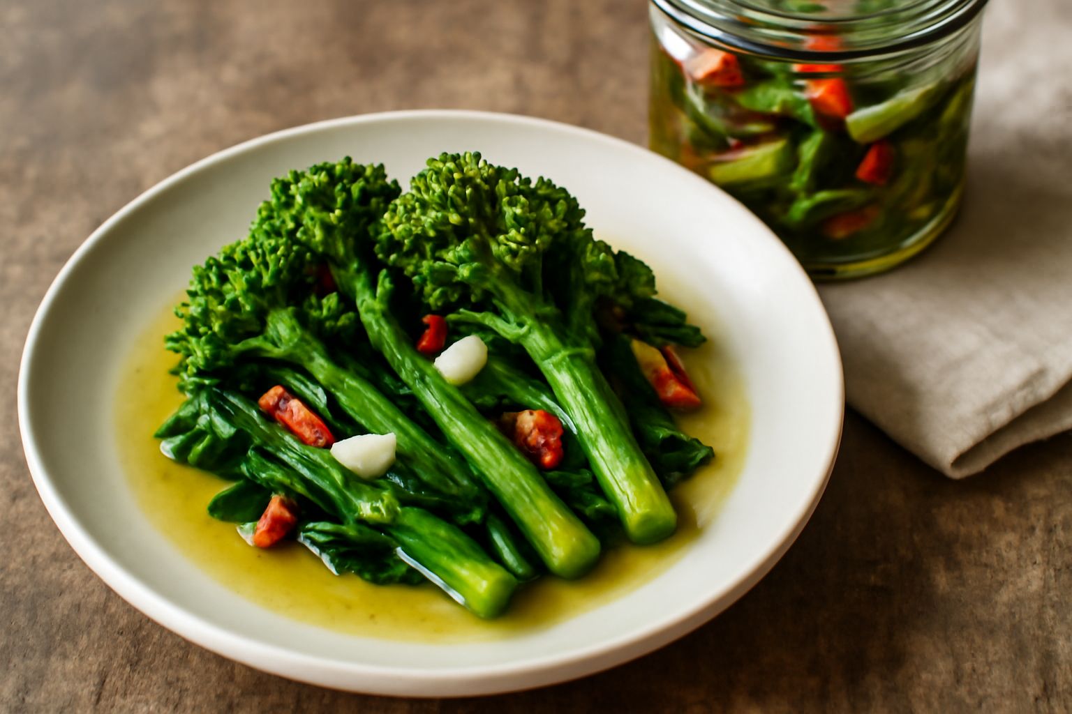 Vasetto di vetro pieno di broccoletti di rapa verde brillante sott'olio trasparente, con spicchi di aglio e peperoncini rossi, impiattati su tavolo in legno chiaro
