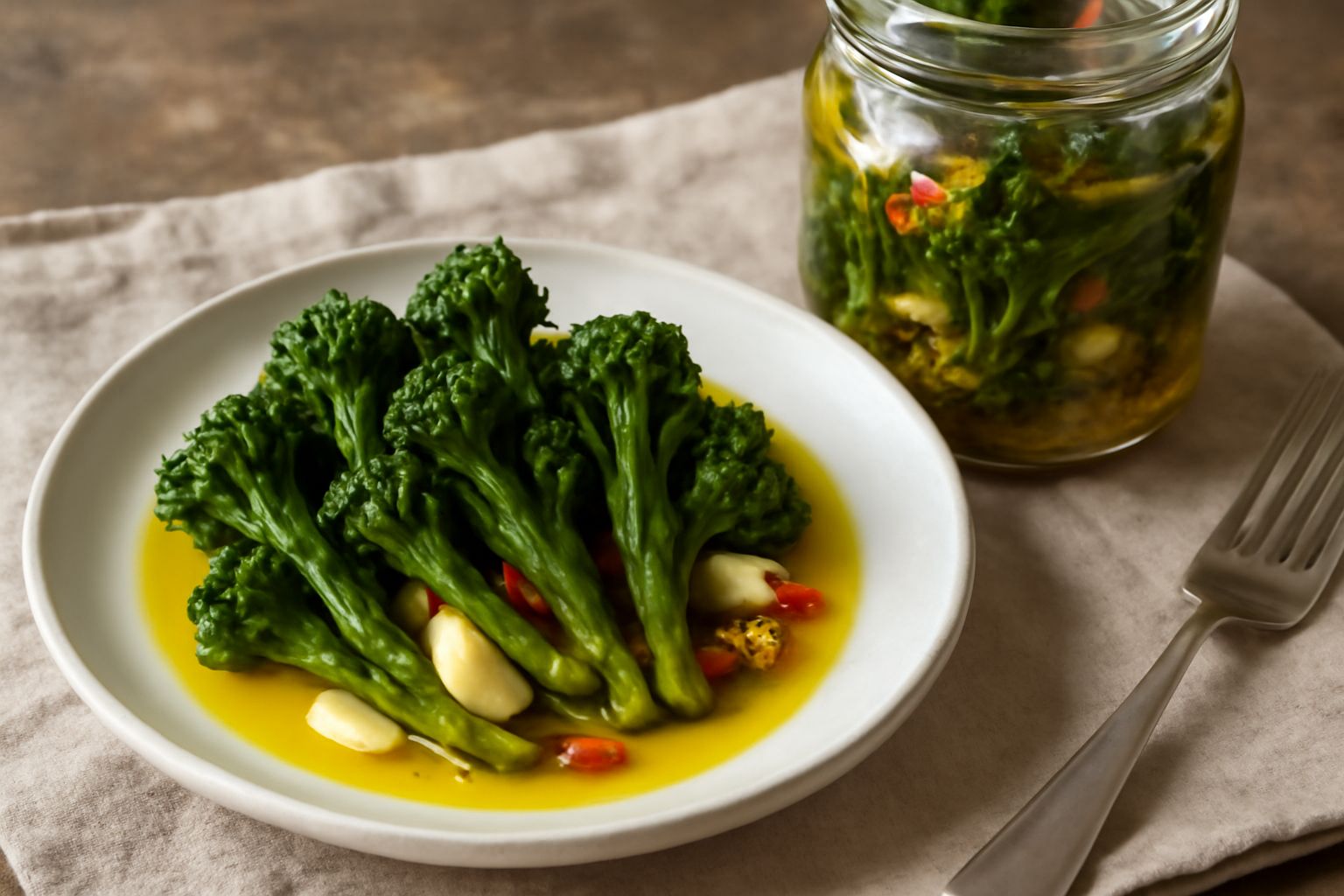 Broccoletti verdi brillanti in barattolo di vetro con olio d'oliva trasparente, spicchi d'aglio e peperoncino rosso visibile nella salamoia