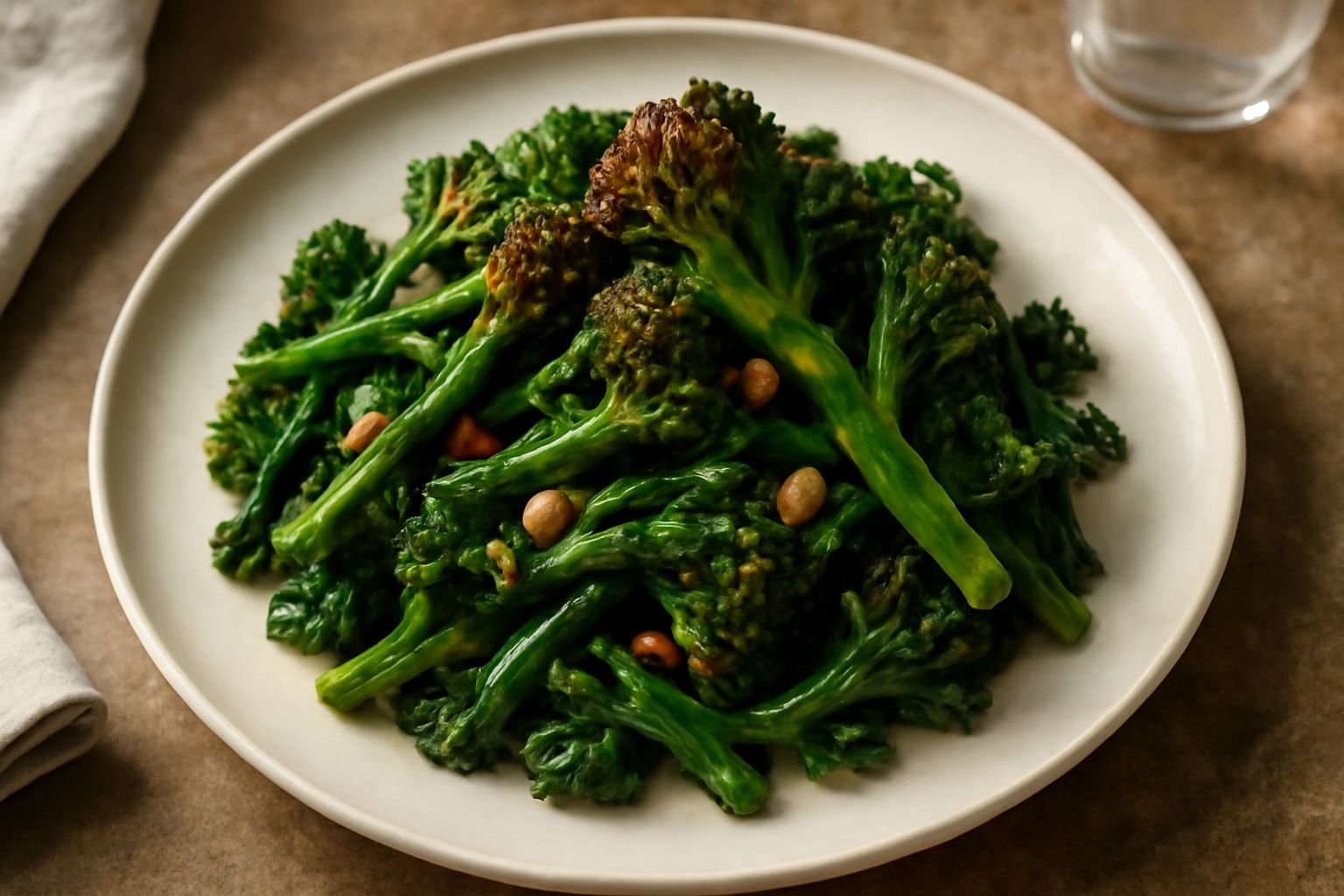 Broccoletti di colore verde scuro, leggermente rossolati, ammucchiati in un piatto bianco con spicchi d'aglio dorato e gocce d'olio, vapore che sale dalla superficie ancora calda