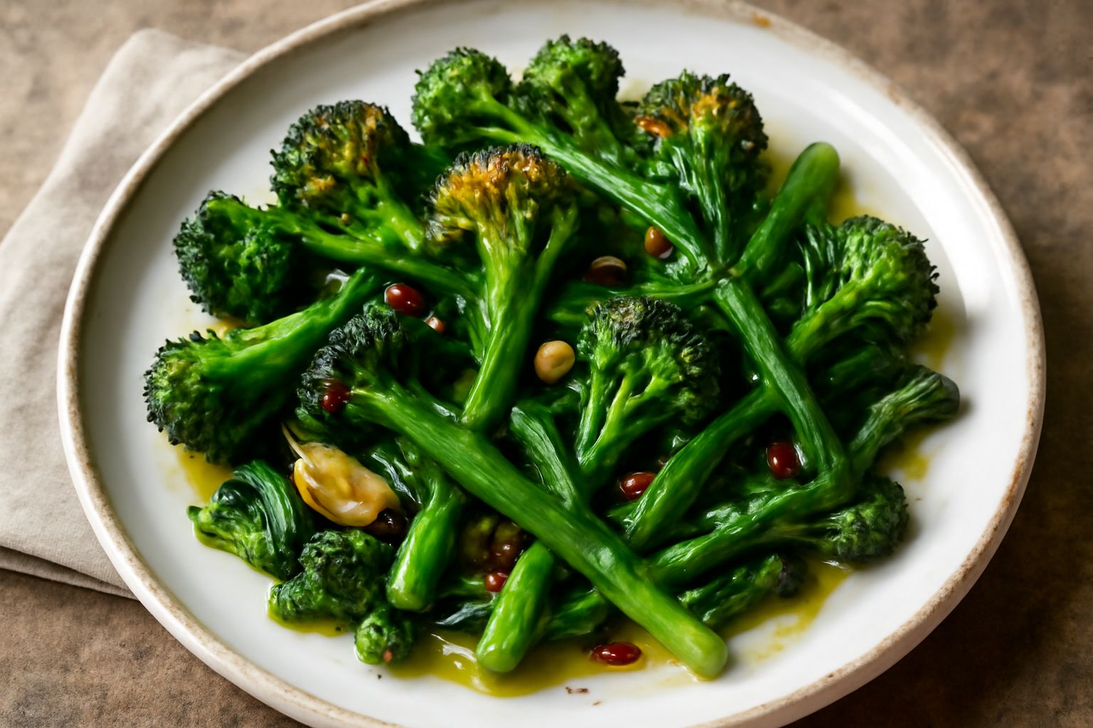 Broccoletti verdi intensi saltati in padella, parzialmente dorati ai vertici, con spicchi d'aglio visibili e gocce di olio d'oliva, impiattati in un piatto bianco con bordo grigio