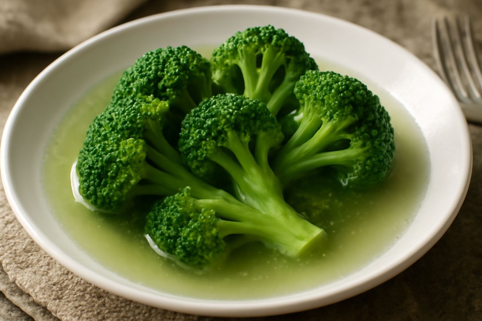 Broccoli verdi e brillanti affogati in acqua salata dentro una pentola di acciaio, le cime intere ben visibili galleggianti nel liquido trasparente