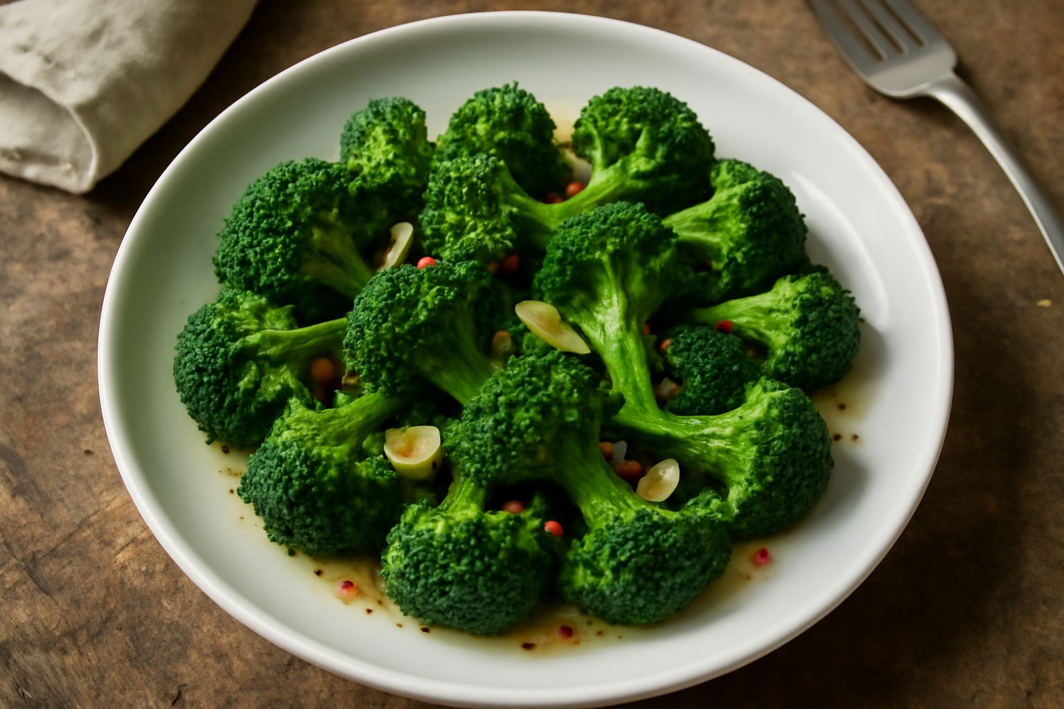 Broccoli verdi scuri tagliati a cimette, conditi di olio dorato e scaglie di aglio, in un piatto bianco, serviti a temperatura ambiente con peperoncino rosso visibile in superficie.