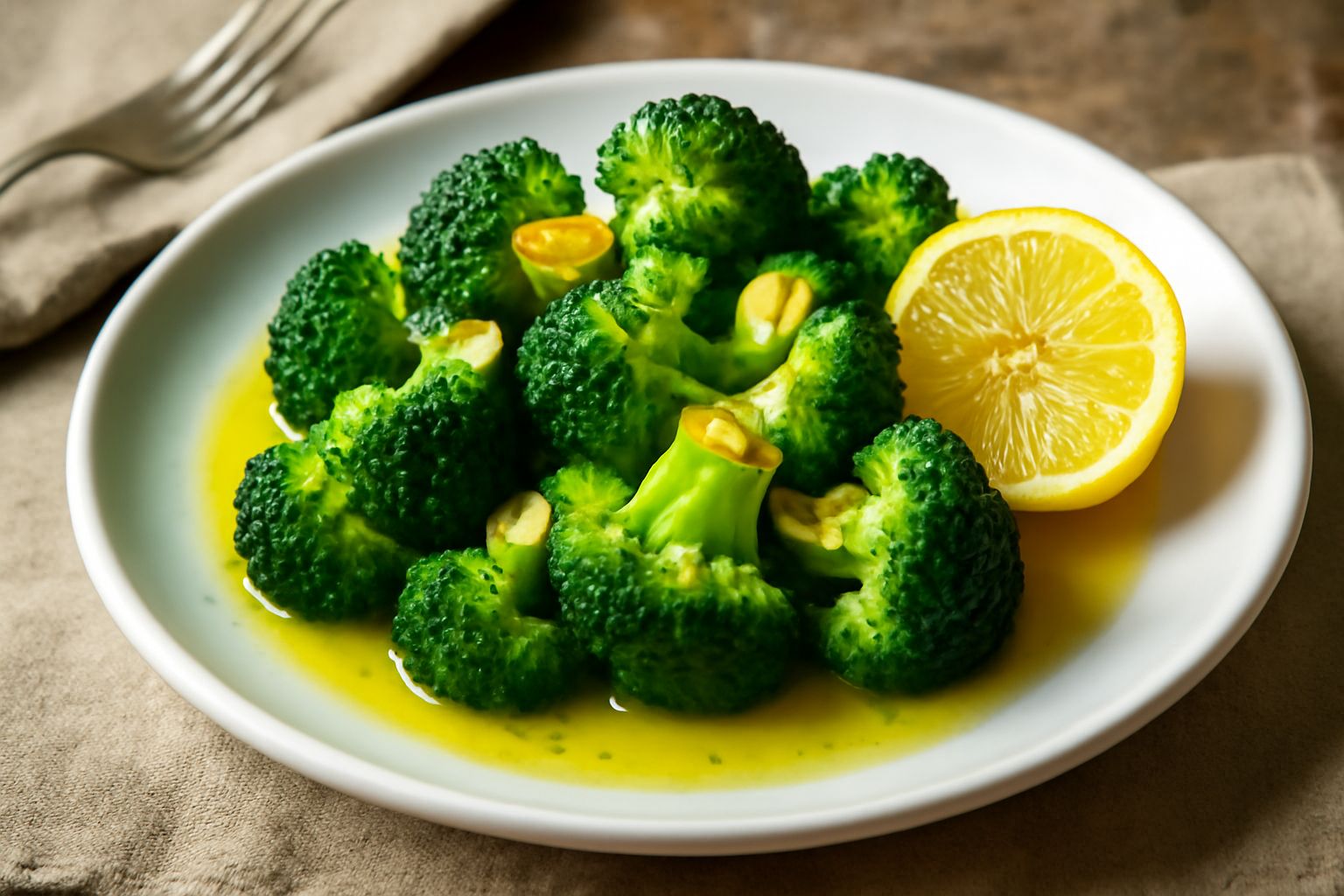 Broccoli verdi brillanti con floret croccanti, bagnati di olio dorato e gocce di limone fresco, cosparsi di fettine sottili di aglio, su fondo bianco neutro