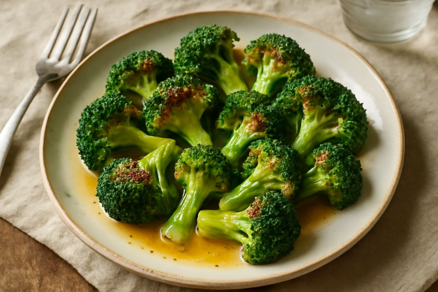 Broccoli dorati in padella con gocce di burro fuso, rosicchiati ai bordi, disposti su fondo di ceramica bianca, piatto visto dall'alto