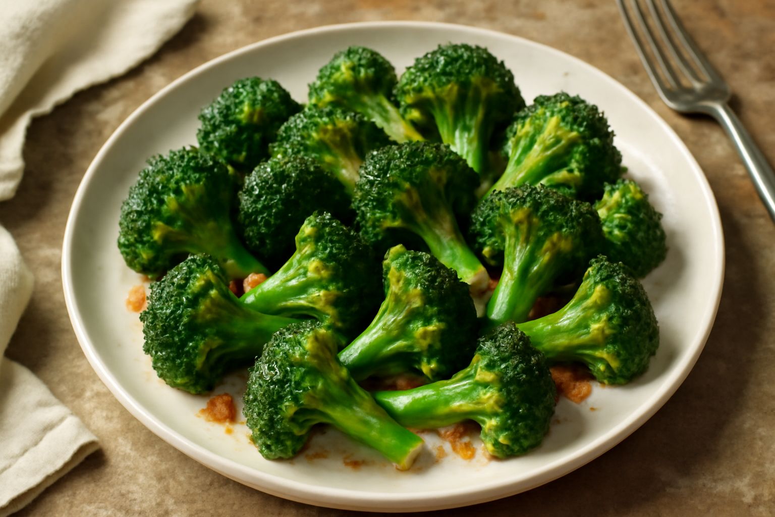 Broccoli verde acceso in padella con gocce d'olio lucido, spicchi d'aglio dorato, in un piatto bianco, vapore ancora visibile sopra le cimette