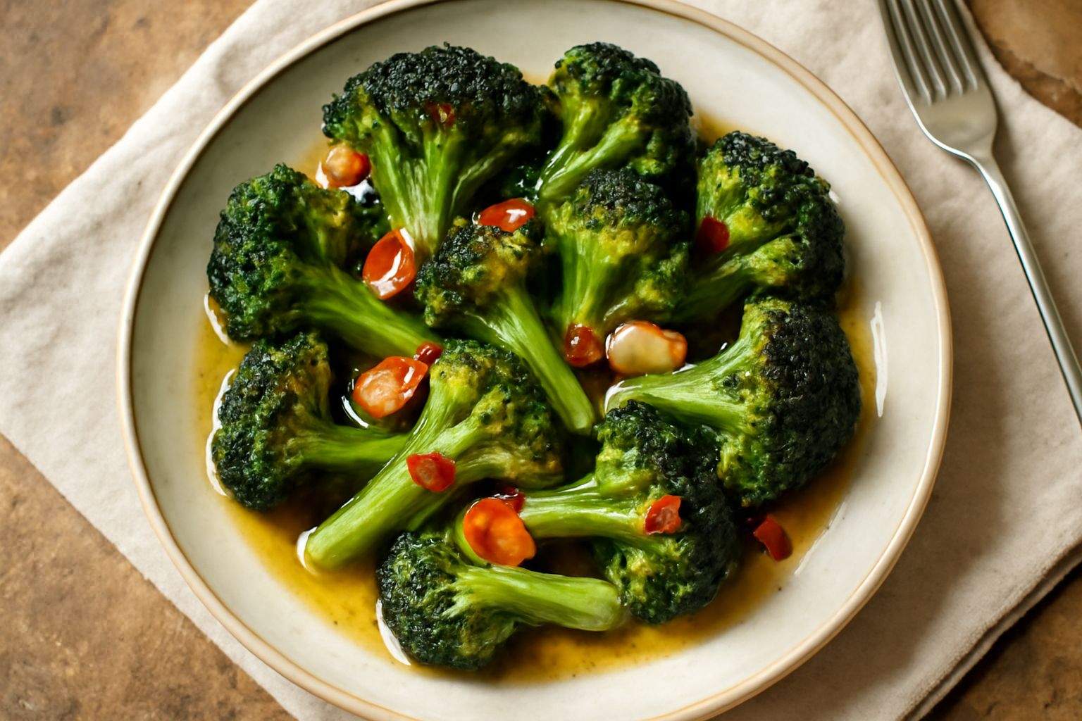 Broccoli verdi scuro rosolati in padella, croccanti ai bordi, con spicchi d'aglio dorato e peperoncino rosso visibile, serviti in un piatto bianco