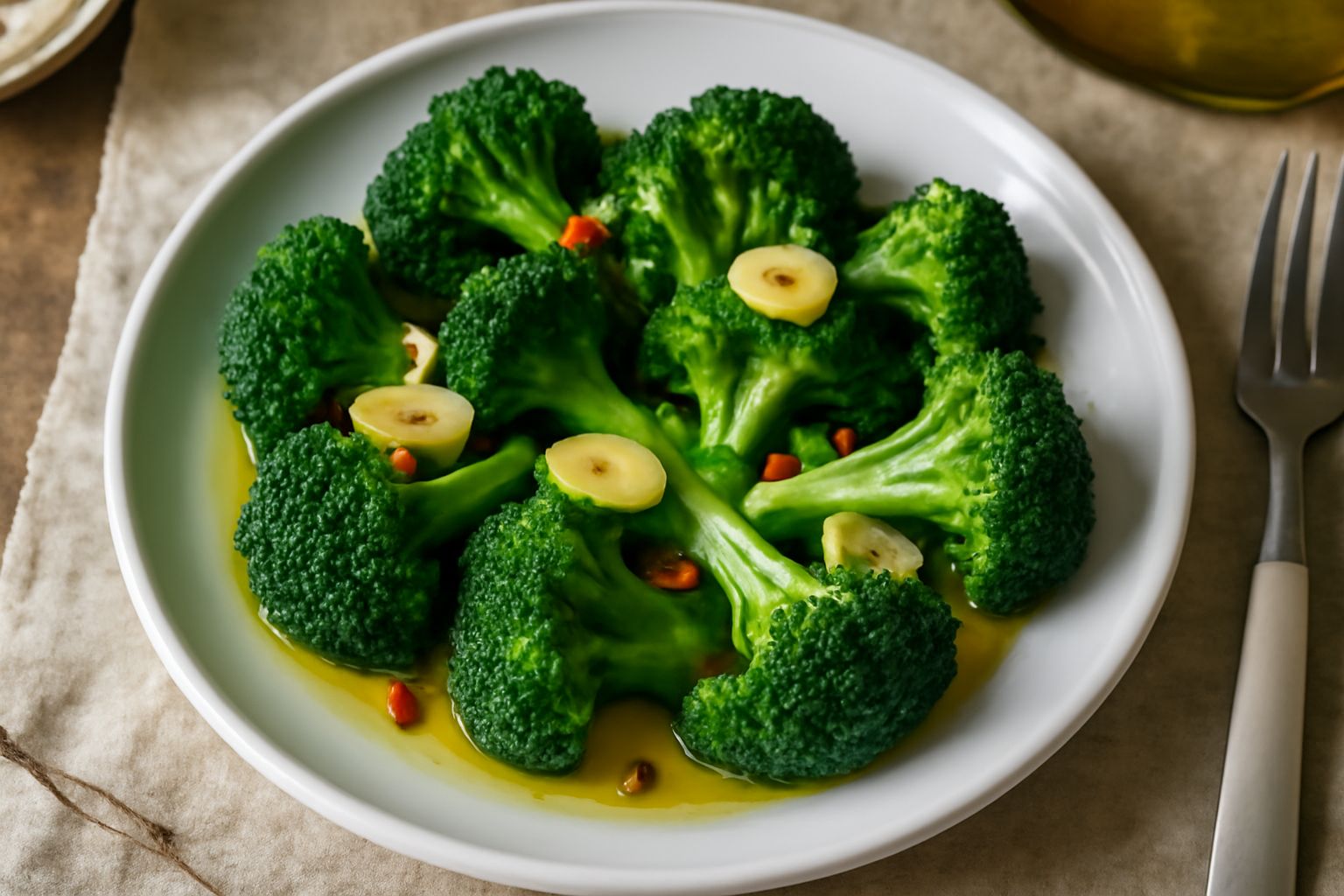 Broccoli verdi freschissimi saltati in padella antiaderente, spicchi d'aglio dorato, conditi con olio extravergine di oliva, peperoncino rosso e sale marino, serviti in piatto bianco di ceramica