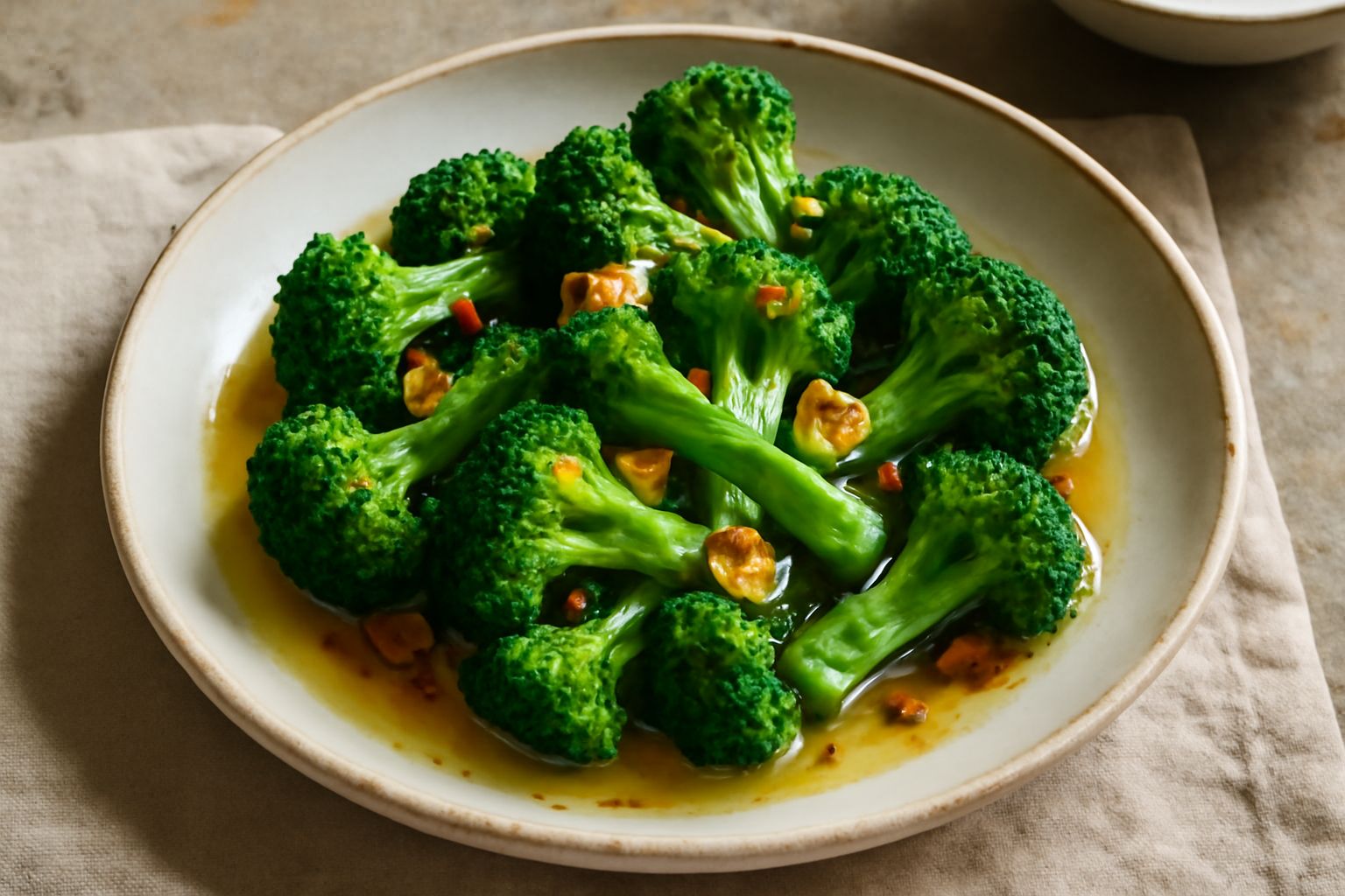 Broccoli verdi scuro croccanti in un piatto bianco con aglio dorato affogato in olio d'oliva, filo di peperoncino rosso, serviti caldi su tavolo di legno