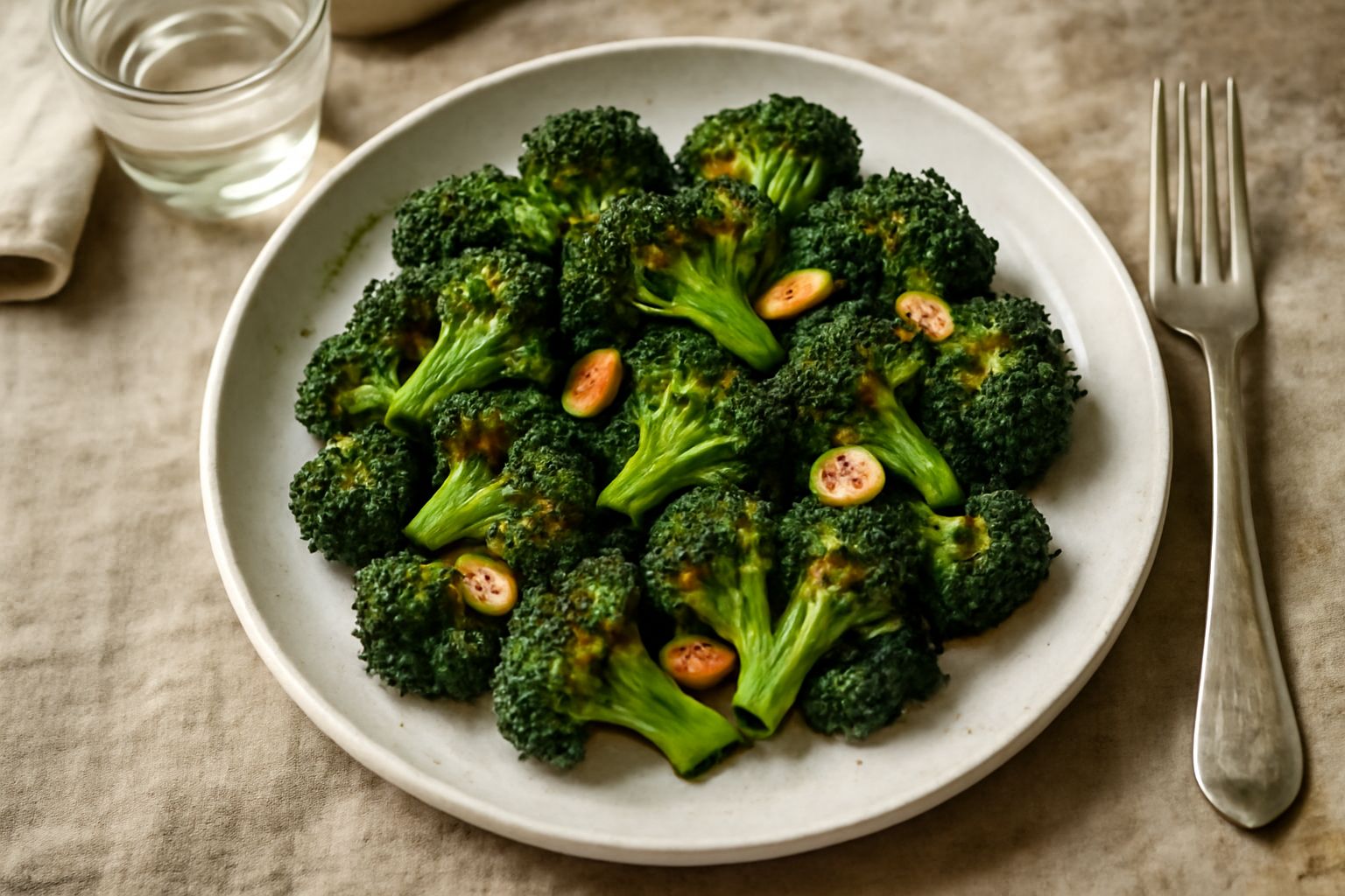 Broccoli arriminati in un piatto bianco, cimette verde scuro croccanti, aglio dorato e peperoncino rosso, conditi con olio d'oliva lucido