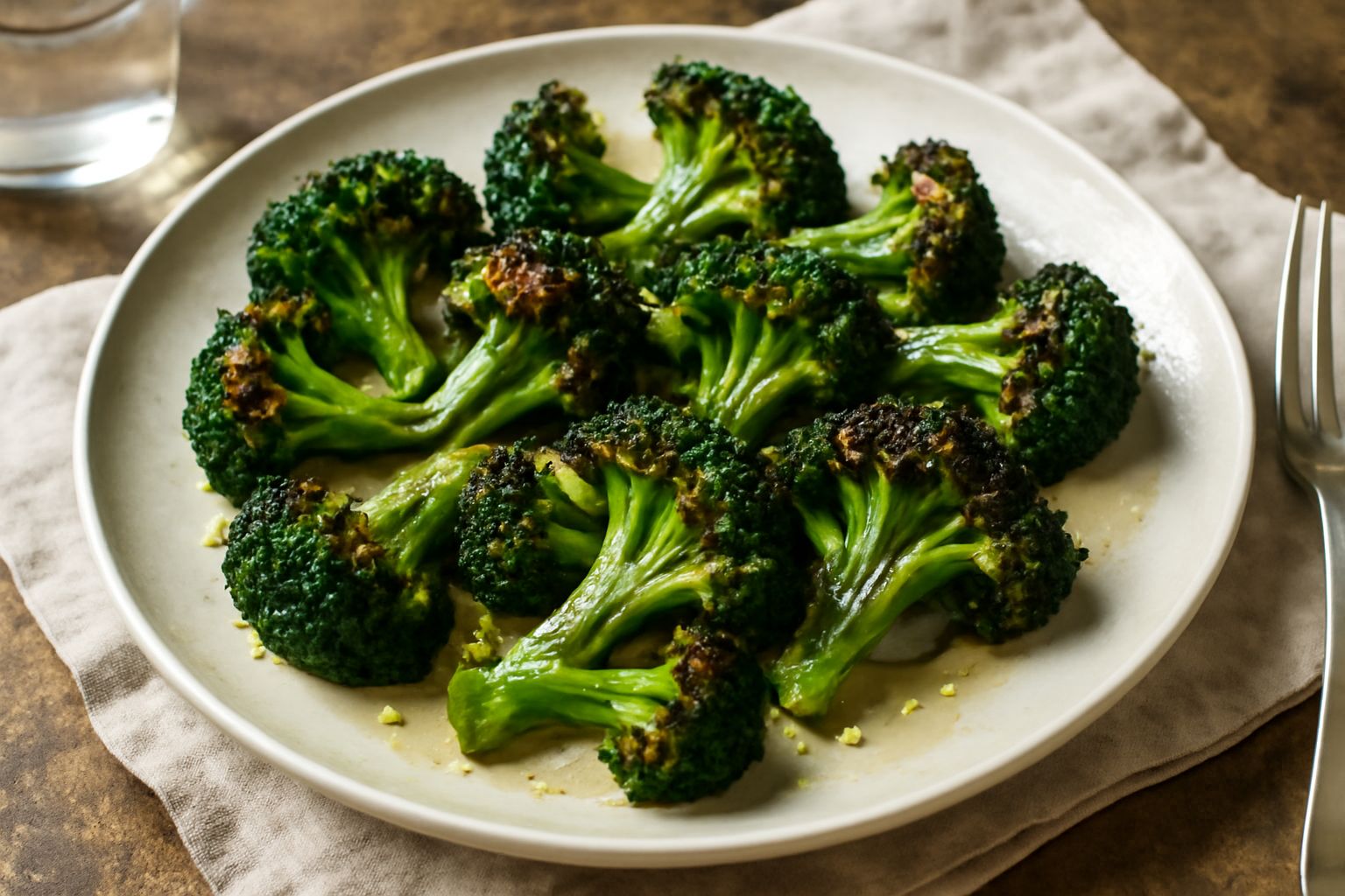 Broccoli arrostiti dorati e croccanti su un piatto bianco, alcune cimette color verde scuro quasi caramellato ai bordi, olio lucido sulla superficie, contorno di piatto neutro