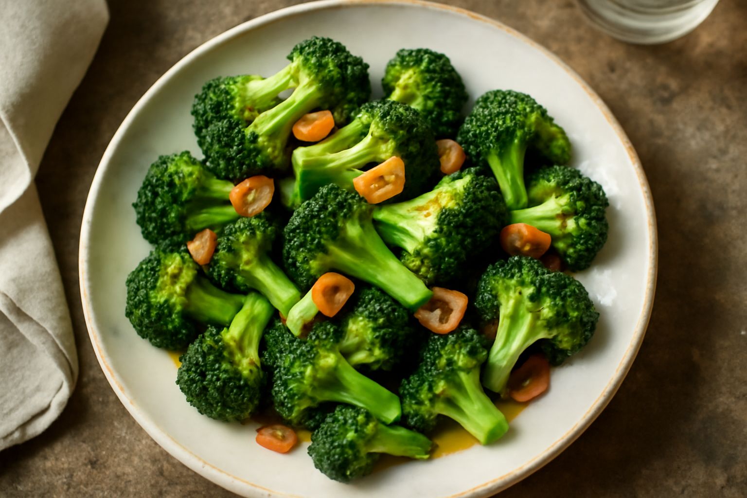 Broccoli verdi brillanti saltati in padella, conditi con aglio dorato e olio, serviti in un piatto bianco con gocce d'olio visibili e fette di aglio croccanti