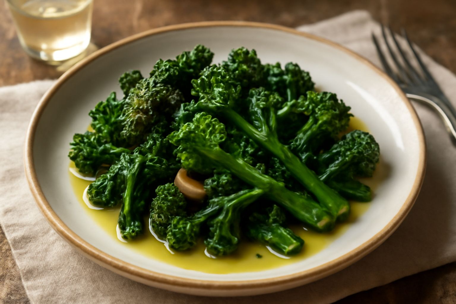 Broccoli cruschi marrone-verde in padella con aglio dorato, olio lucido e peperoncino rosso, fumanti, accanto a un piatto bianco con la porzione