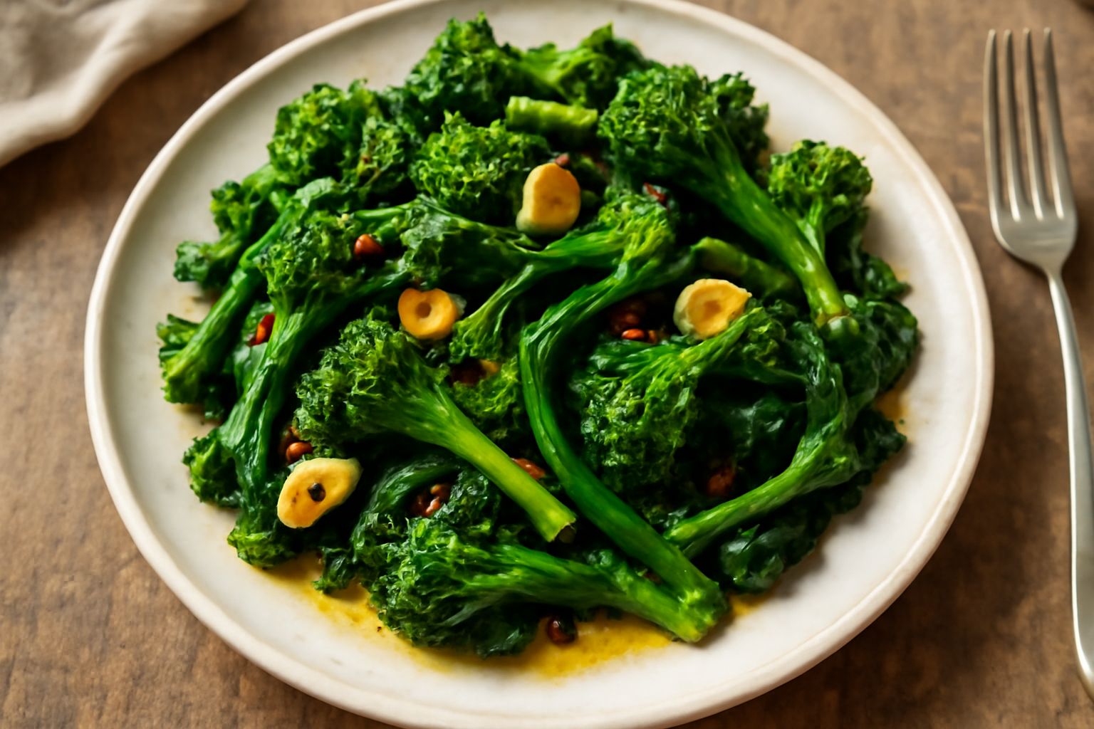 Broccoli di rapa verdi brillanti senza gambi, ricoperti di olio lucido, aglio dorato e peperoncino rosso in una padella di ferro scuro, vapore leggero