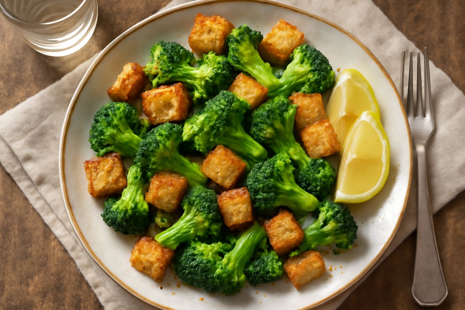 Piatto bianco con broccoli verdi bolliti circondati da cubetti di pane tostato dorato, olio d'oliva lucido in superficie, pepe nero macinato, servito con limone affettato sul bordo
