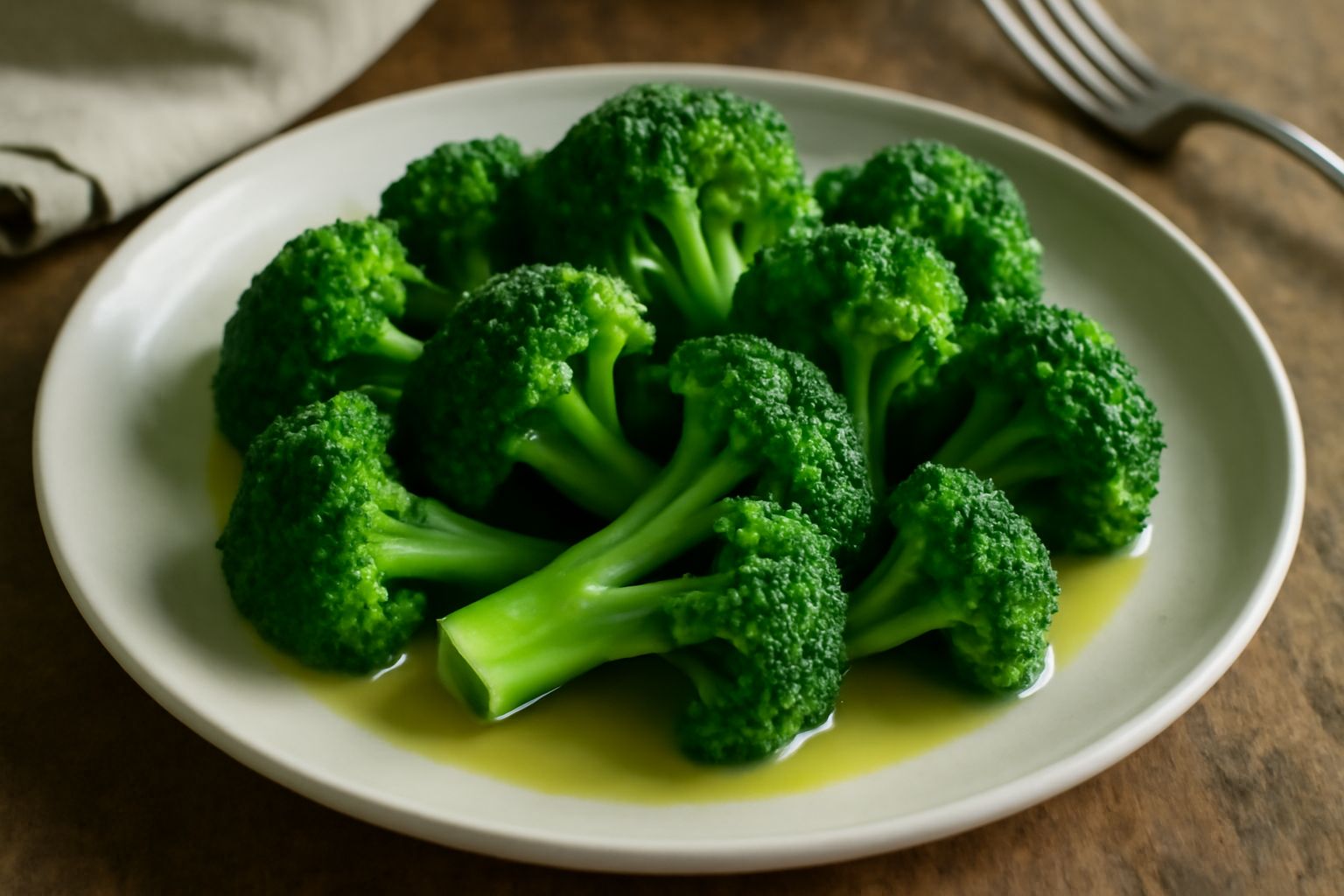 Broccoli lessati verde brillante, ancora umidi, adagiati in un piatto bianco con una spruzzata di olio extra vergine d'oliva e una fettina di limone giallo al bordo