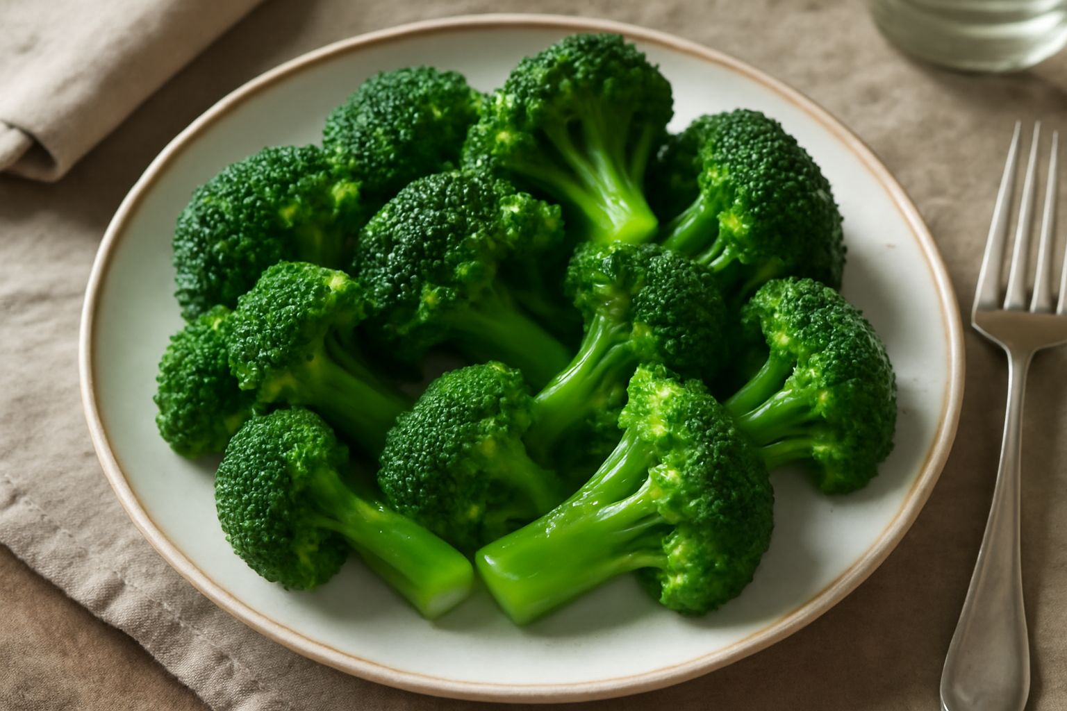 Broccoli verdi lessi in una ciotola bianca, rosette brillanti e carnose ancora leggermente umide, seduti su un letto di piatto bianchissimo, con gocce d'acqua ancora visibili sulla superficie