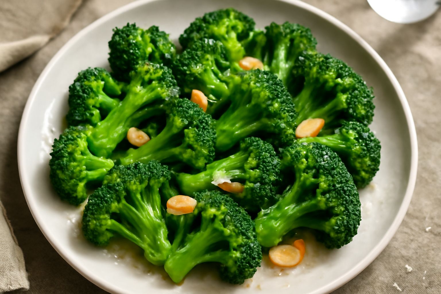 Broccoli verdi scuro croccanti in una padella di ferro nera, con spicchi d'aglio dorato e gocce di olio lucido, fumanti, su sfondo bianco