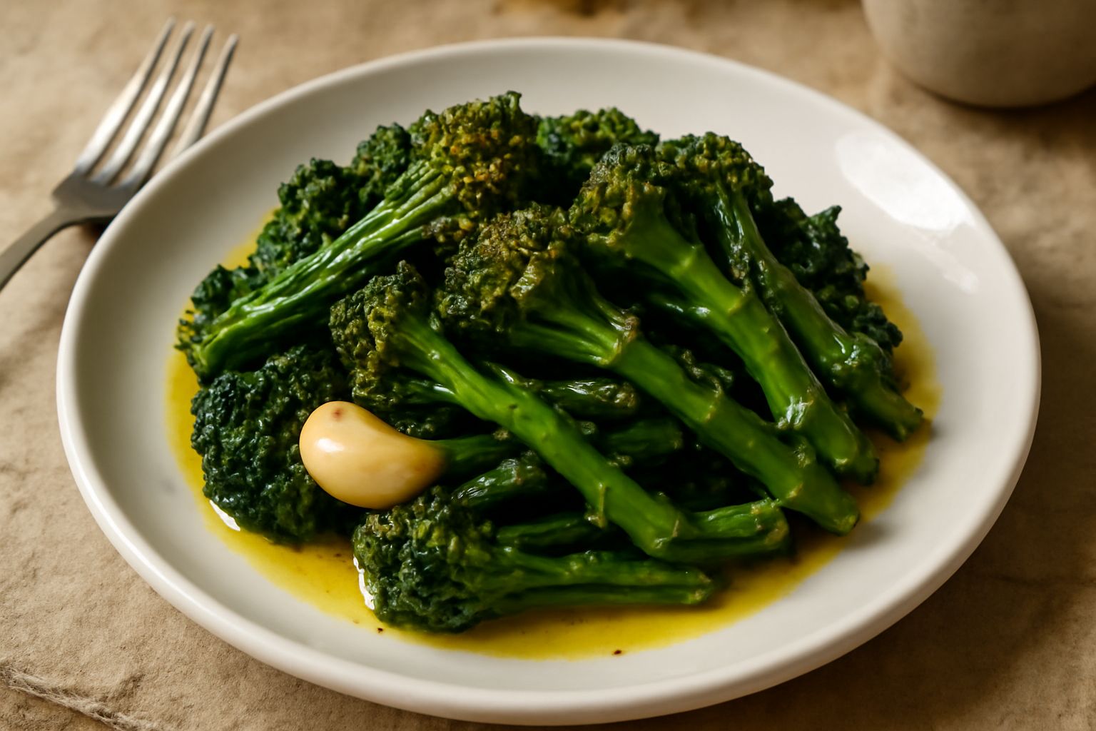 Broccoli verdi scuri ripassati in padella con aglio dorato e gocce di olio lucido, su fondo bianco, rametti integri e croccanti visibili