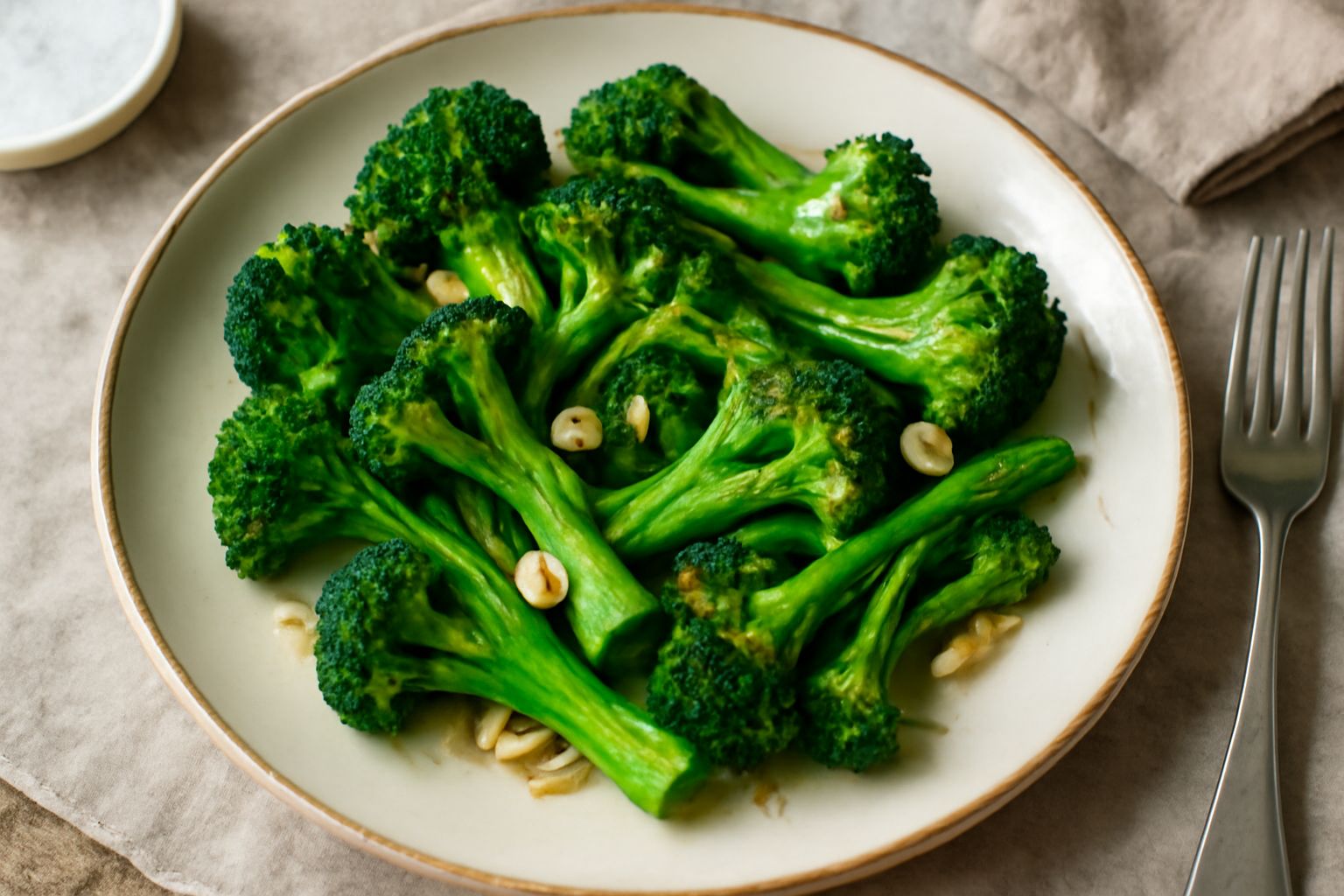 Broccoli cotti in padella color verde brillante con spigoli leggermente doratura, aglio affettato in oro, in una padella antiaderente su piano di lavoro neutro
