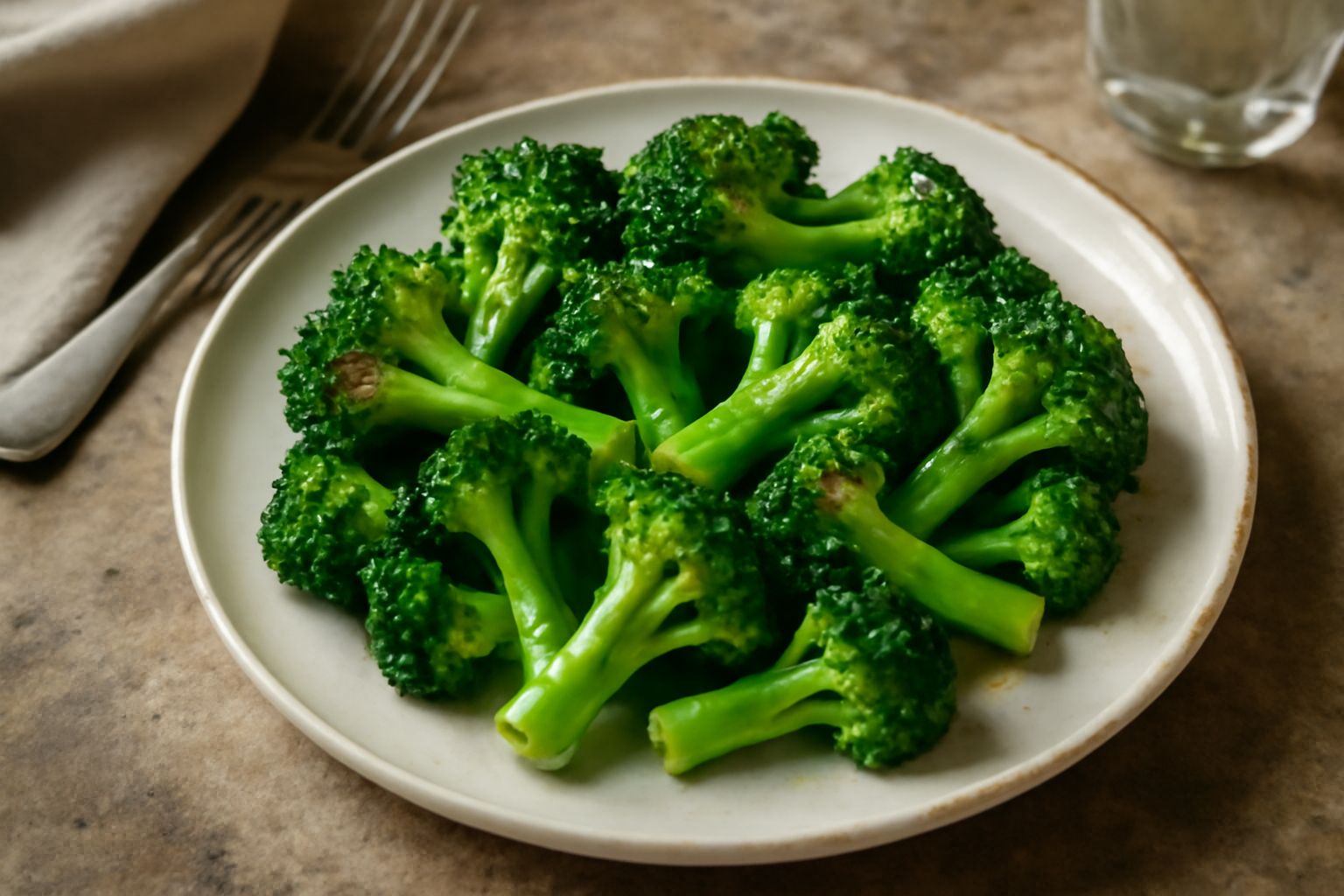Broccoli saltati color verde intenso, leggermente dorati ai bordi, sparsi in una padella di ferro nero con gocce d'olio lucido. Spicchi d'aglio biondo e peperoncino rosso tra i floret croccanti.