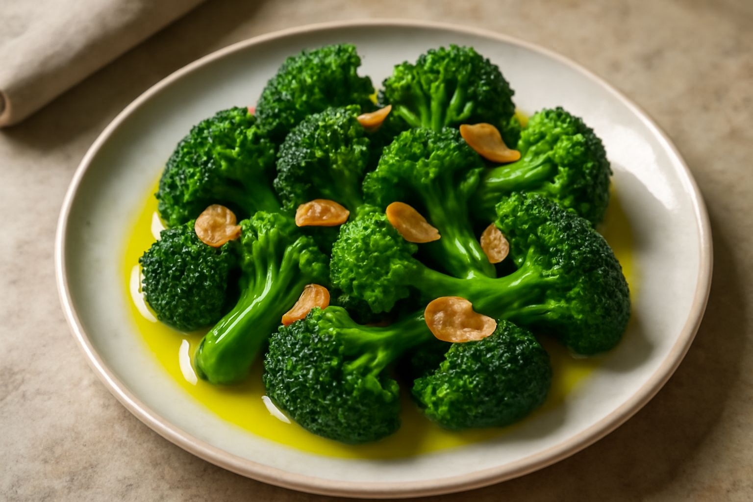 Piatto bianco con cimette di broccolo verde scuro, croccanti, cosparse di olio lucido e fettine sottili di aglio dorato, accompagnate da un cucchiaio in legno e limone affettato sul bordo