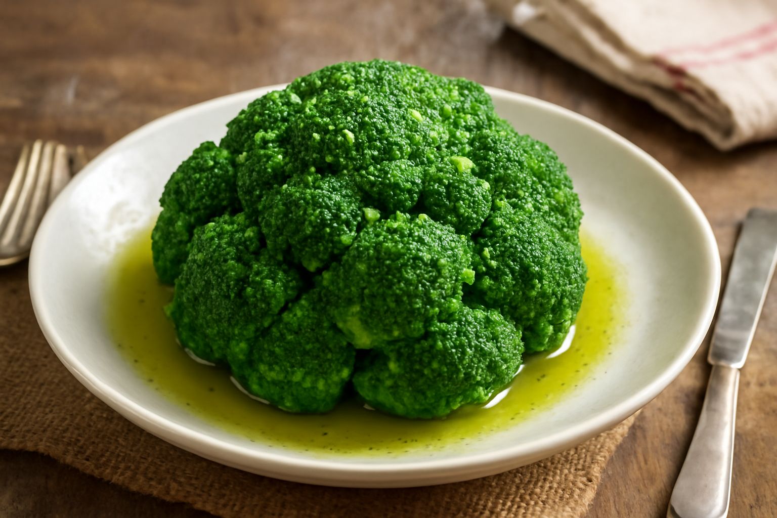 Broccolo lesso in un piatto bianco con filo d'olio d'oliva, spicchi di limone giallo, sale grosso visibile sulla superficie verde brillante e infiorescenze intatte