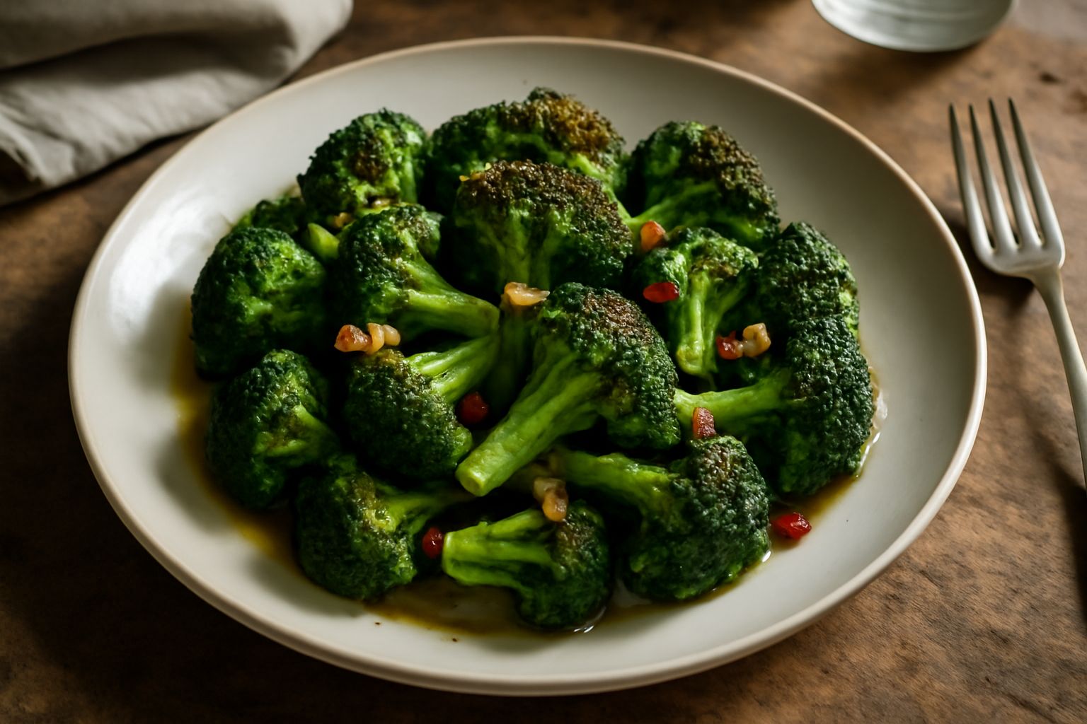 Broccoli ripassati in padella, rossi-verdi e leggermente dorati, con pezzetti di aglio, in un piatto bianco, olio che luccica sulla superficie, peperoncino rosso sparso