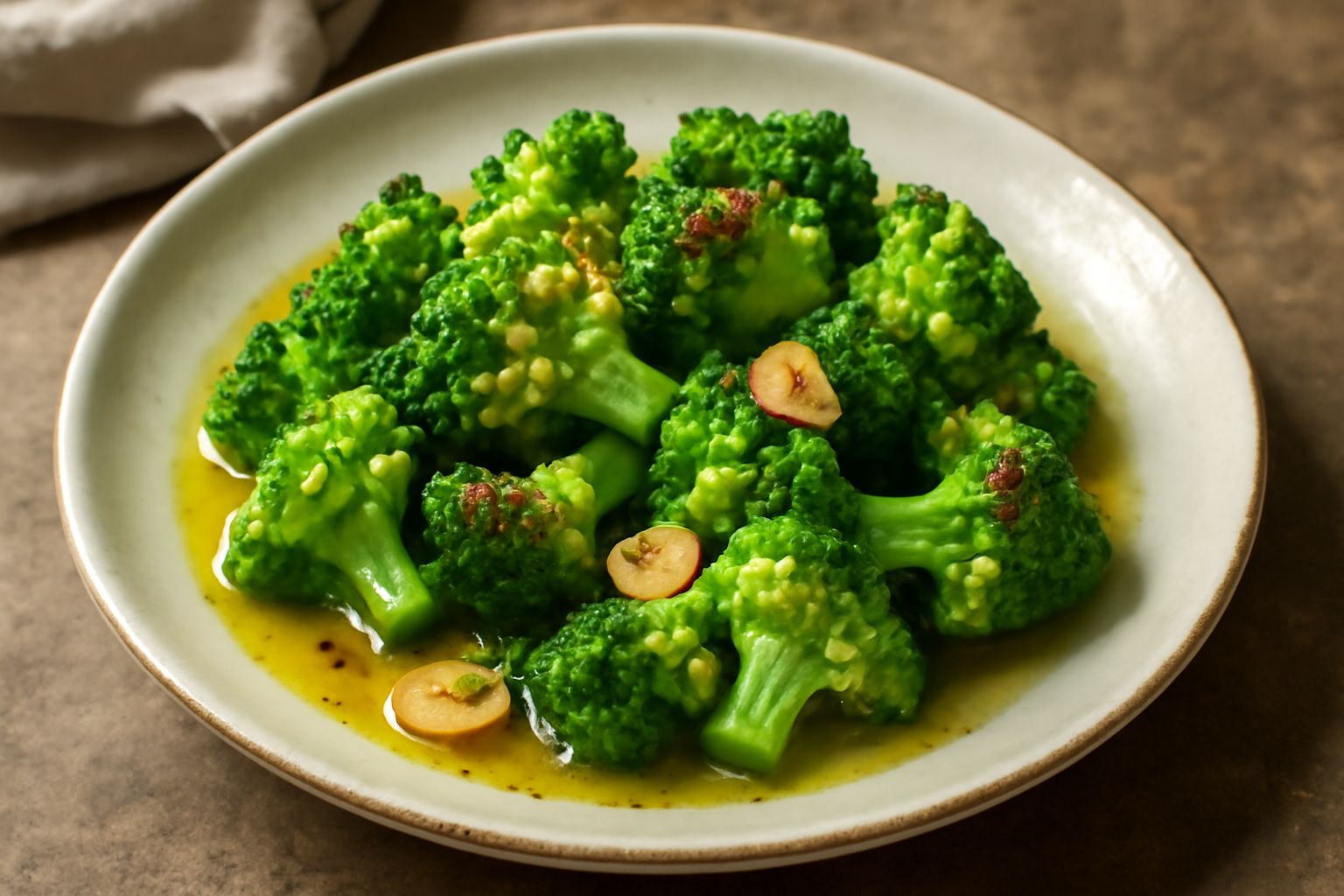 Broccolo romano saltato in padella di ferro, verde brillante con punte dorate, aglio affettato e gocce di olio d'oliva, servito in un piatto bianco con bordo irregolare