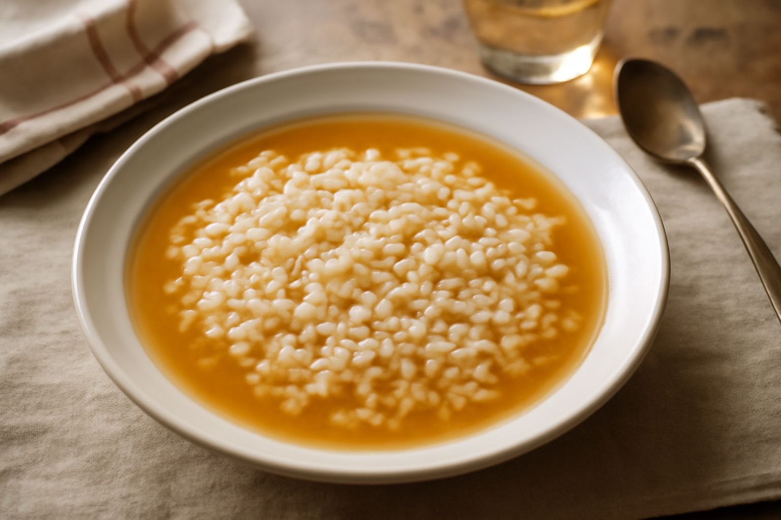 Una ciotola di porcellana bianca con broda trasparente color oro, chicchi di riso morbidi che galleggiano, qualche filo di prezzemolo fresco e un cucchiaio di legno appoggiato sul bordo