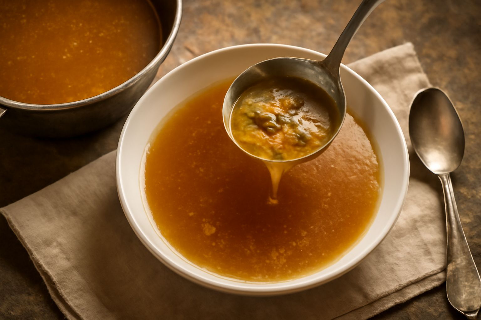 Pentola in acciaio con broda di carne trasparente e ambrata, pezzi di carota e sedano visibili, vapore leggero, servita in tazza bianca con manico