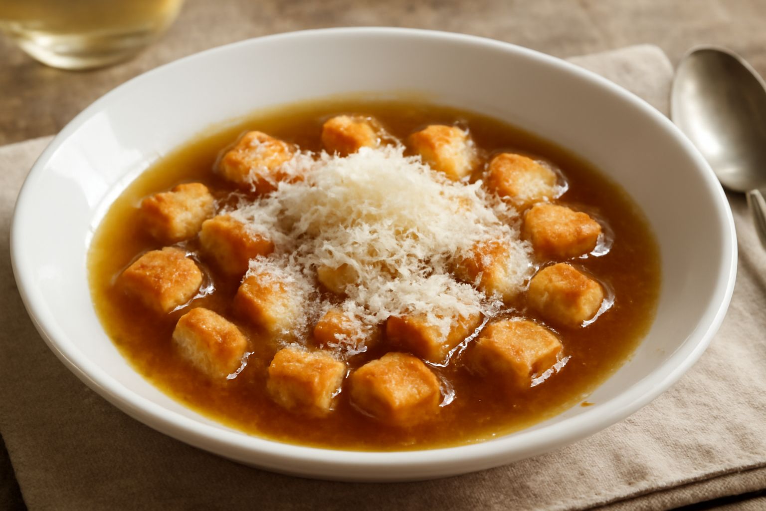 Una ciotola di ceramica bianca contiene brodo caldo di colore ambrato con cubetti di pane tostato leggermente dorato, grana grattugiato in superficie, servita su un piatto bianco con un cucchiaio di m