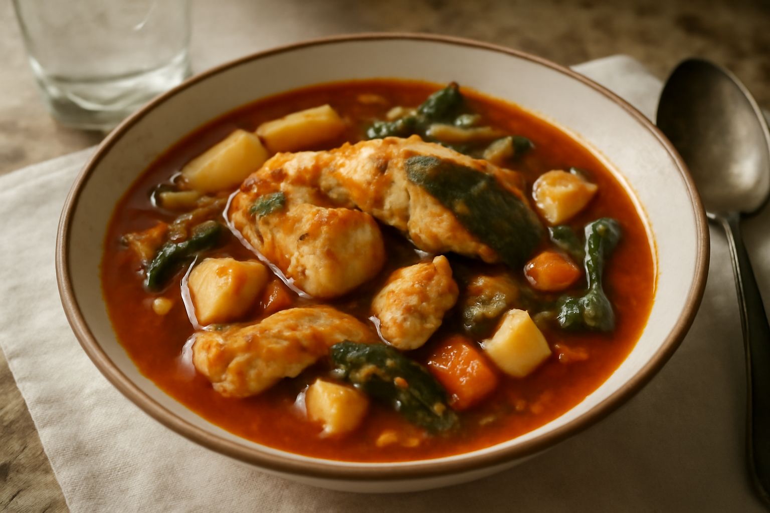 Ciotola bianca con broda di pesce povero: brodo rosso scuro, pezzi di pesce bianco, dadi di patata morbida, zucchina, cipolla, erbe aromatiche, pane tostato a lato su tela di lino