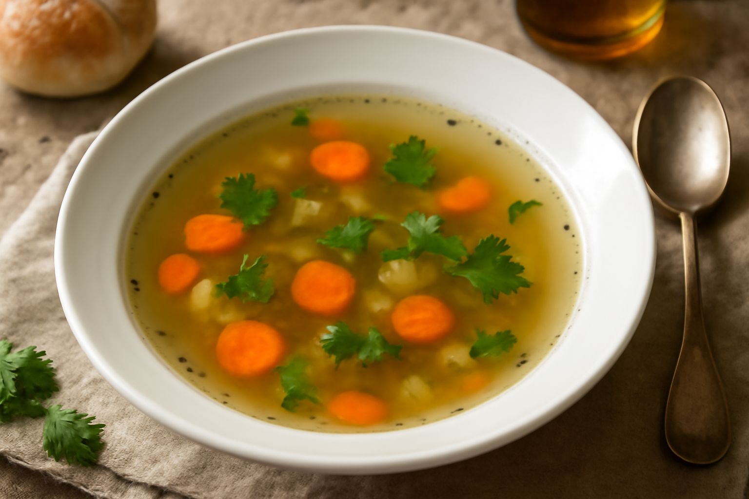 Una tazza di broda di verdure trasparente e dorata, con piccoli pezzi di carota e sedano visibili, contornata da verdure fresche crude poste accanto: carote arancioni, sedano verde, cipolla bianca e p