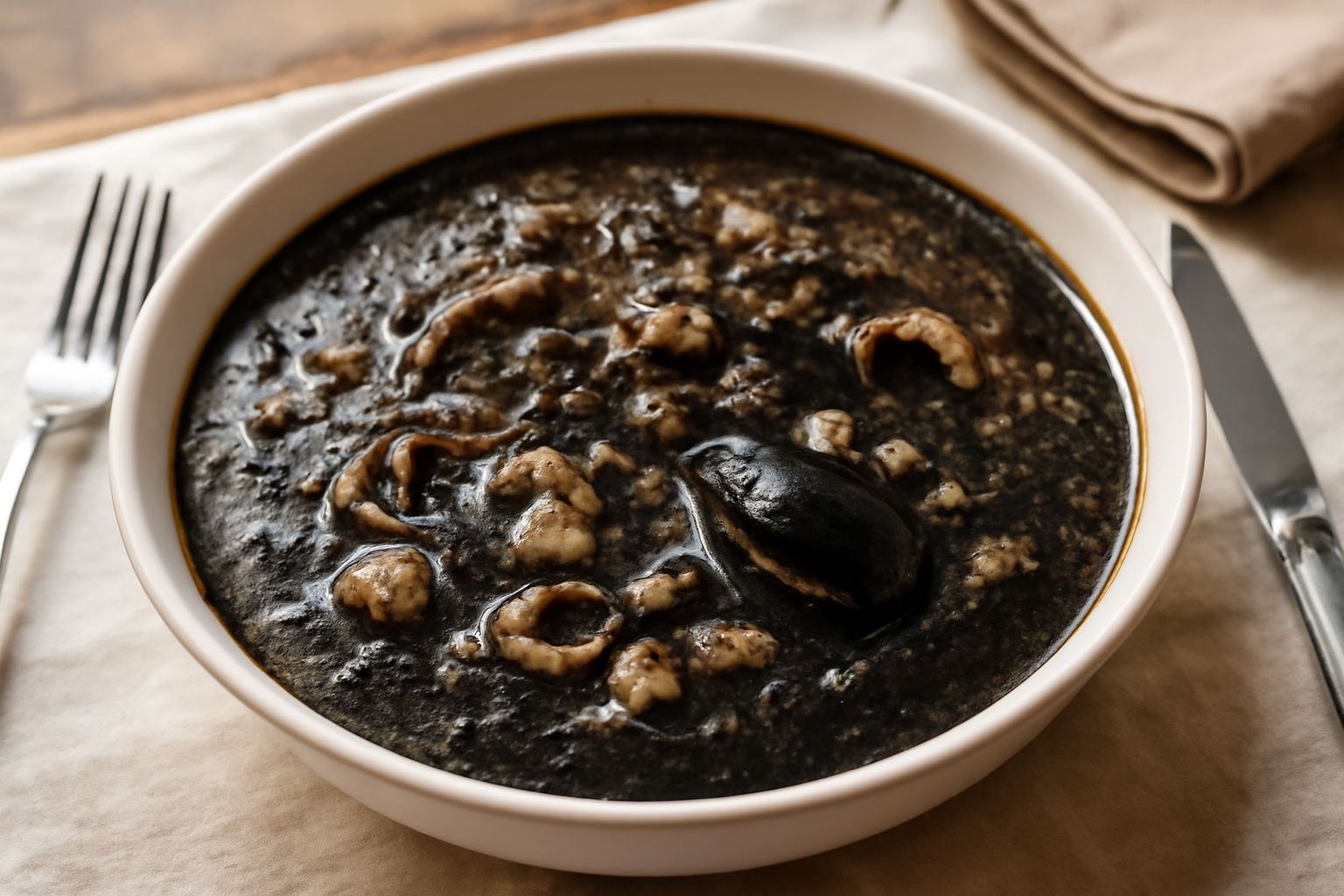 Una ciotola di broda nera con zuppa scura e densa, pezzi di seppia e calamari visibili in superficie, accompagnata da fette di pane tostato su un piatto bianco