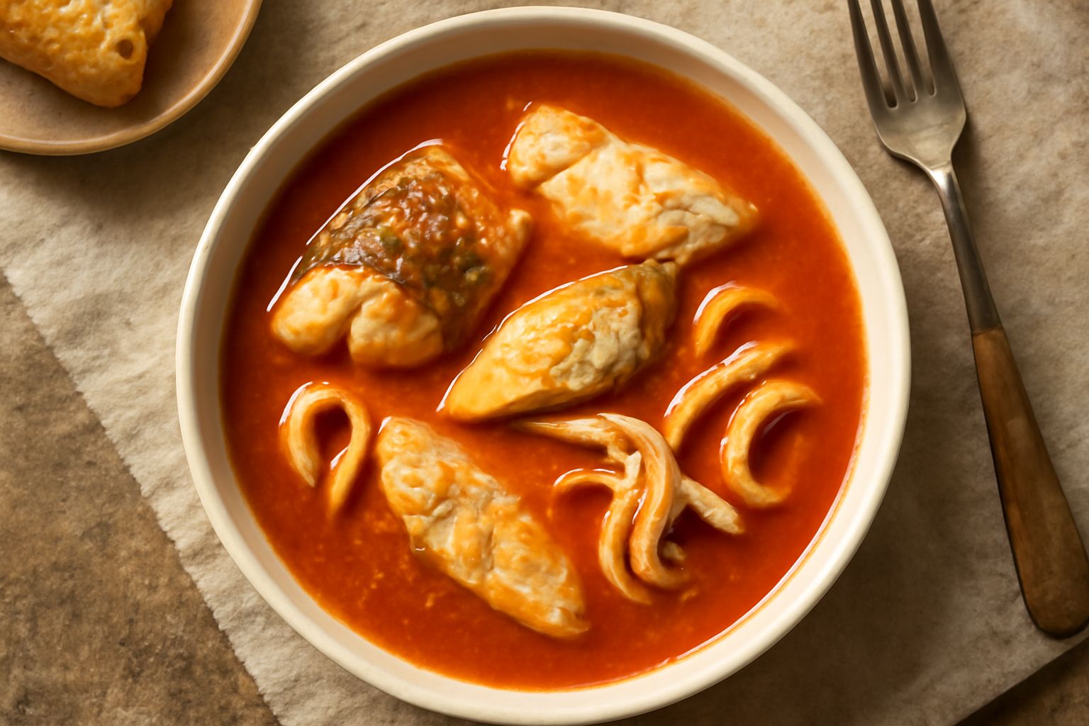 Brodeto in ciotola larga di ceramica bianca: brodo rosso-arancio denso con pezzi di pesce bianco e calamari, sedano e prezzemolo fresco sopra, pane tostato al bordo