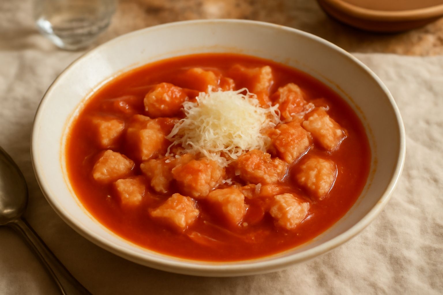 Una ciotola di zuppa di pane in brodo rosso di pomodoro, con cubetti di pane tostato galleggianti, grattugia di formaggio bianco in superficie, vapore che sale, su tavolo di legno chiaro