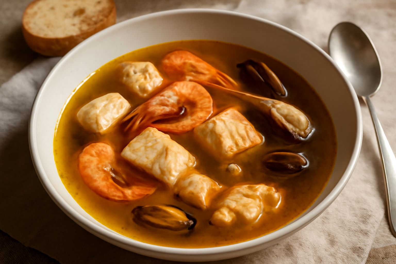 Brodeto triestino in ciotola bianca: brodo dorato con pezzi di pesce fresco, gamberetti rossi, accanto pane tostato e fette di limone su tavolo di legno scuro