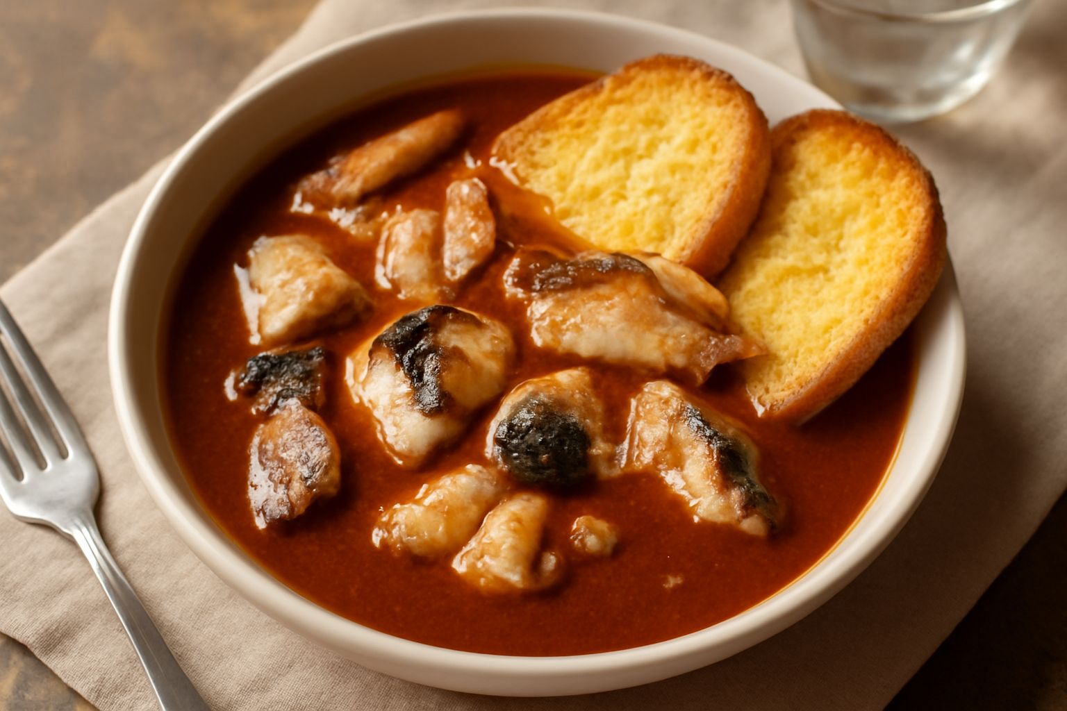 Brodeto vicentino in ciotola di ceramica bianca: brodo rosso-marrone con pezzi di pesce bianco, fette di pane tostato galleggiano in superficie, prezzemolo fresco e pepe nero macinato fresco.