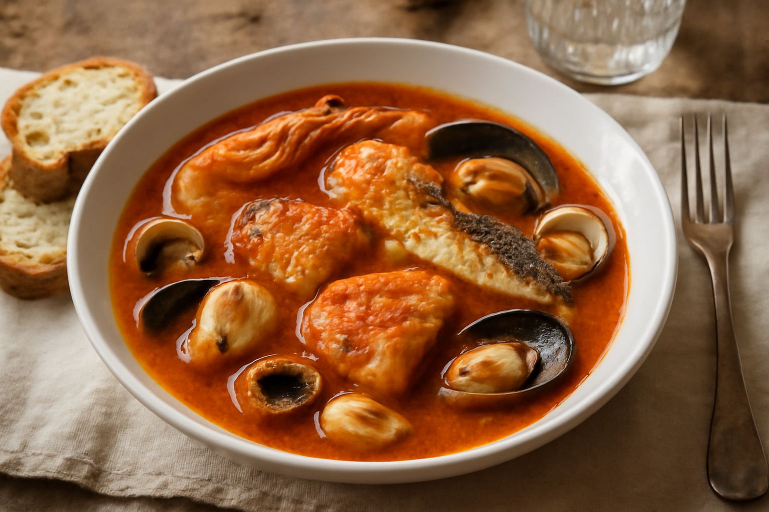 Brodetto in ciotola profonda di ceramica: zuppa densa di colore arancio-rosso con pezzi visibili di pesce bianco, gamberi e molluschi, cosparso di prezzemolo verde fresco, pane tostato appoggiato sul 