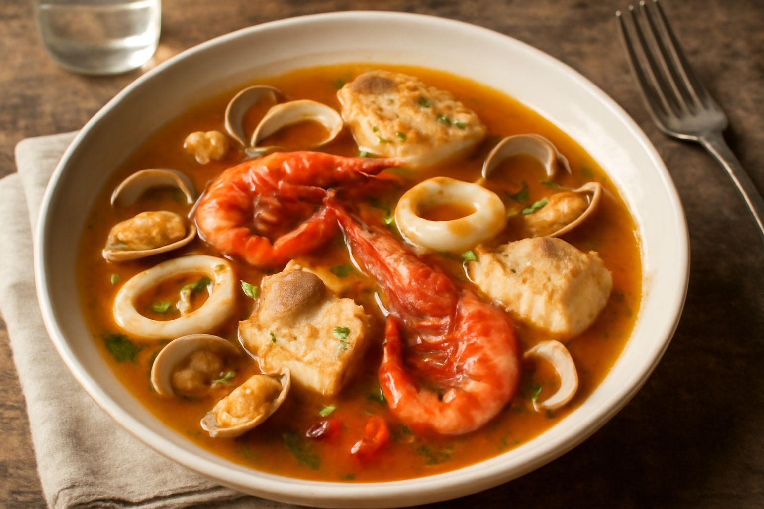 Ciotola di ceramica bianca con brodetto agrigentino: brodo ambrato con vongole aperte, calamari bianchi, gamberi rossi, pomodoro visibile, crostini dorati adagiati sul bordo, prezzemolo verde fresco s