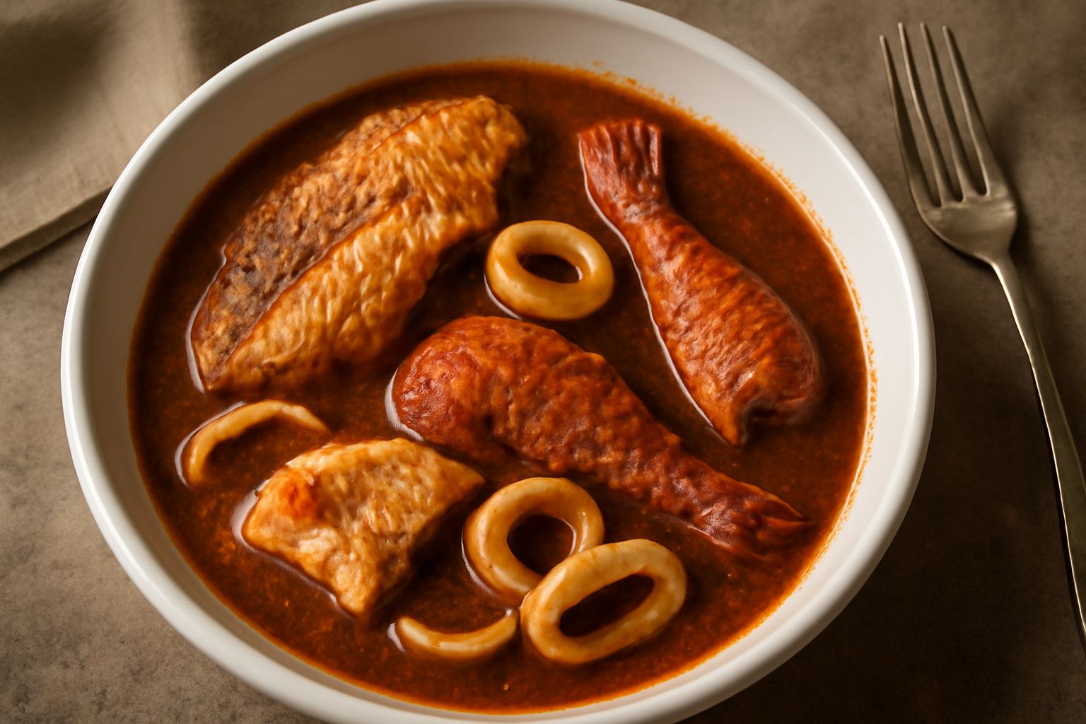 Una ciotola bianca con zuppa di pesce densa e scura, pezzi di pesce bianco e multicolore immersi nel brodetto rosso brunastro, guarnita con prezzemolo verde fresco tritato, pane tostato a lato