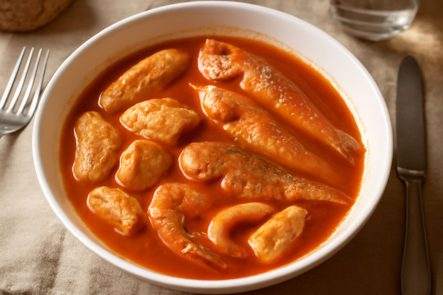 Una pentola di brodetto alla fermana fumante vista dall'alto, con diversi tipi di pesce bianco e rosa visibili nel brodo rosso-arancio, con prezzemolo fresco sparso in superficie e fette di pane tosta