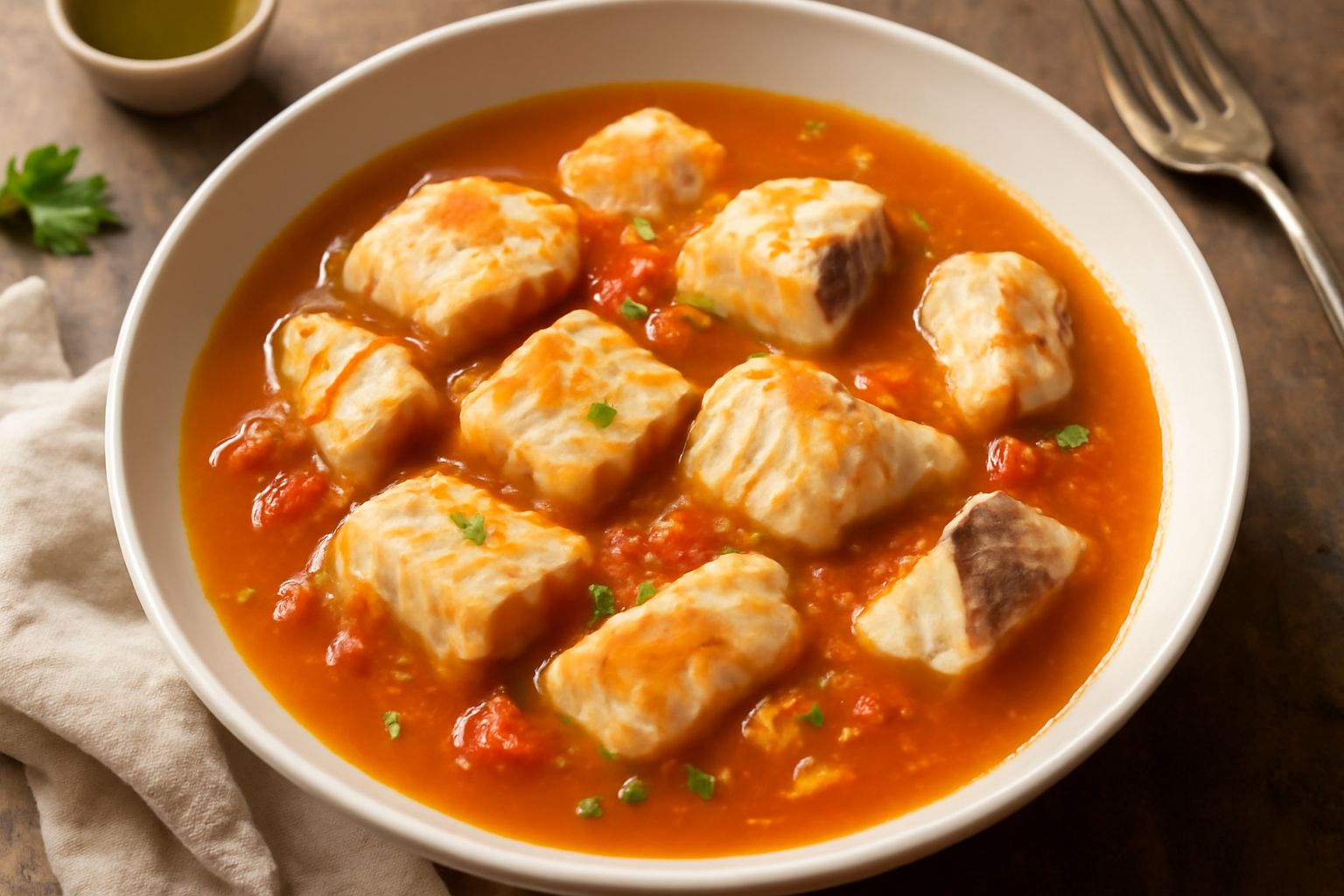 Zuppa di pesce in ciotola bianca con pezzi di pesce bianco, pomodori rossi, cipolla, accompagnata da fette di pane tostato scuro, posta su tavolo di legno con tovaglia lino beige, fiasco di olio d'oli