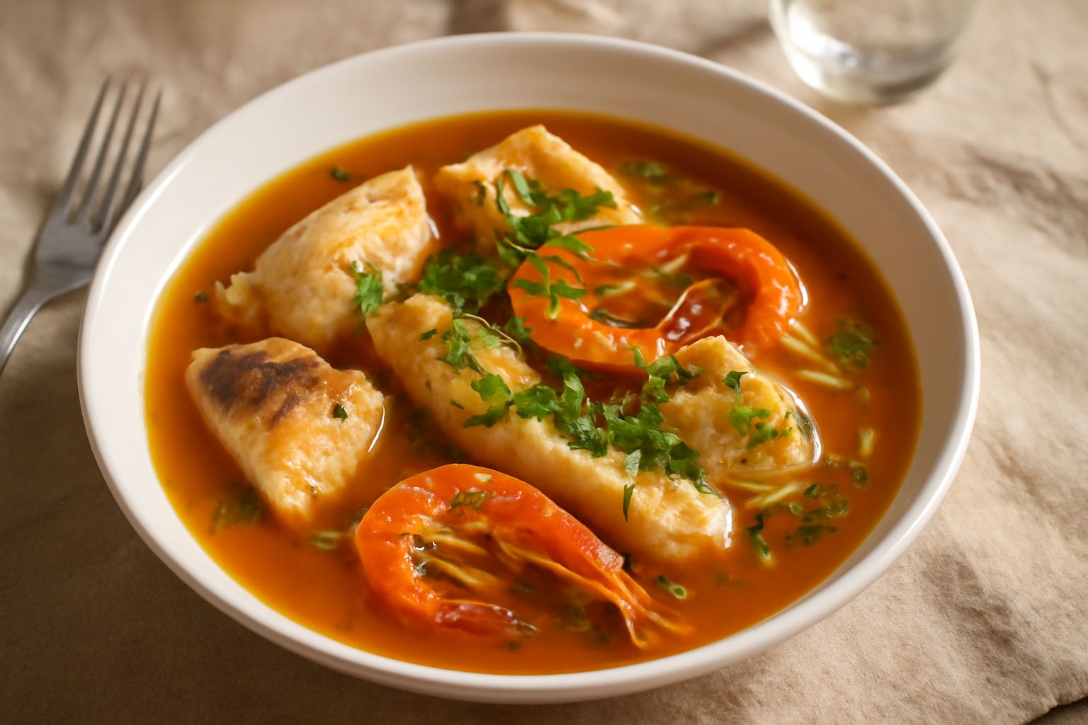 Ciotola profonda di ceramica bianca con brodetto alla goriziana: brodo trasparente color ambra, pezzi di pesce bianco e grigio, gamberetti rossi, cipolla dorata e prezzemolo verde fresco in superficie