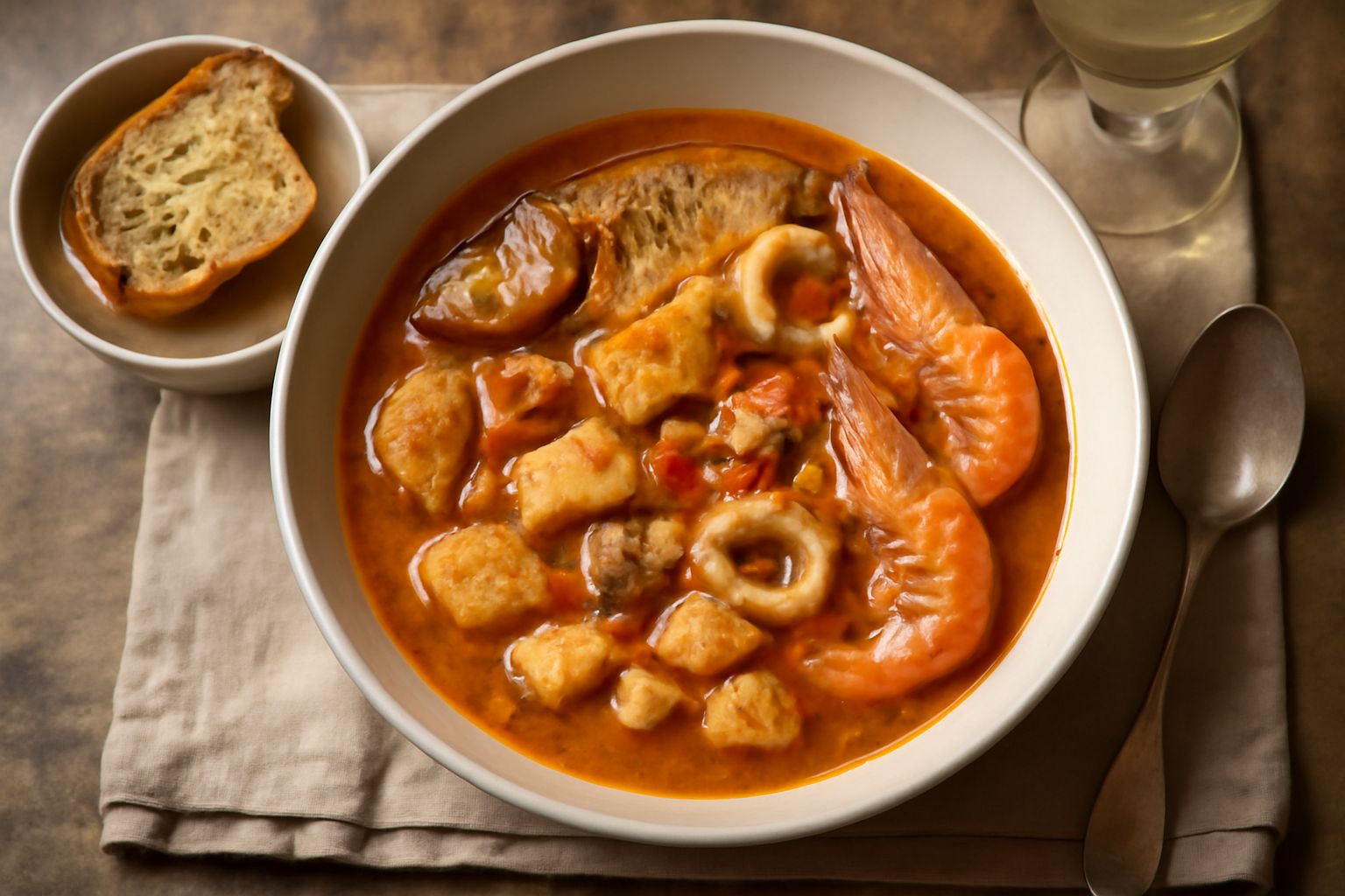 Zuppa di brodetto alla grossetana in ciotola bianca con pezzi di polpo, moscardini bianchi, brodo rosso e salsa di pomodoro, con fette di pane tostato a lato