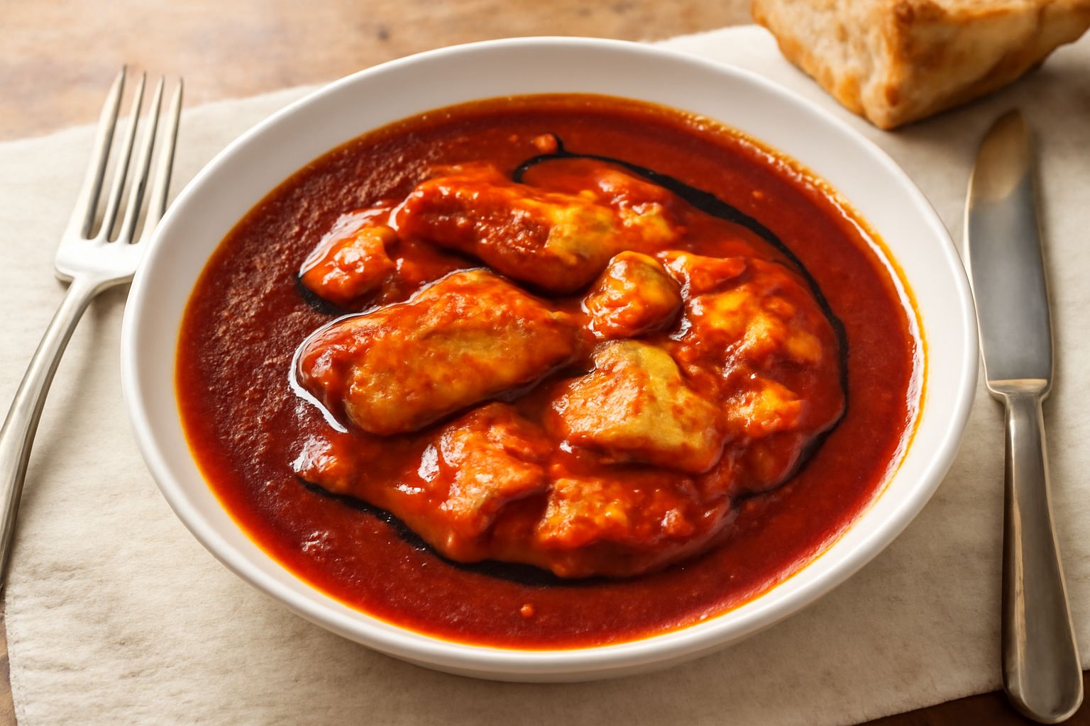 Brodetto alla istriana in una ciotola bianca, zuppa densa e rossa con pezzi visibili di pesce, accompagnato da pane tostato e fette di limone, su sfondo rustico di legno