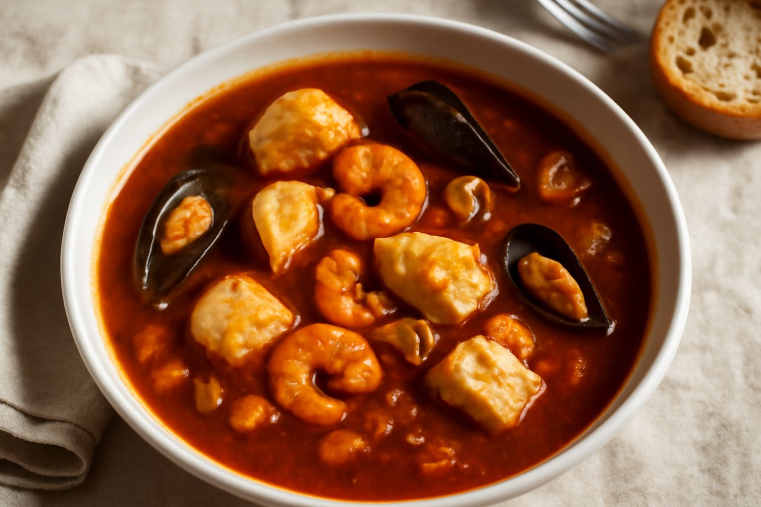 Brodetto alla maceratese in una ciotola di ceramica bianca: brodo rosso scuro con visibili pezzi di pesce bianco, gamberetti e molluschi, coronato da pane tostato dorato ai bordi e prezzemolo fresco