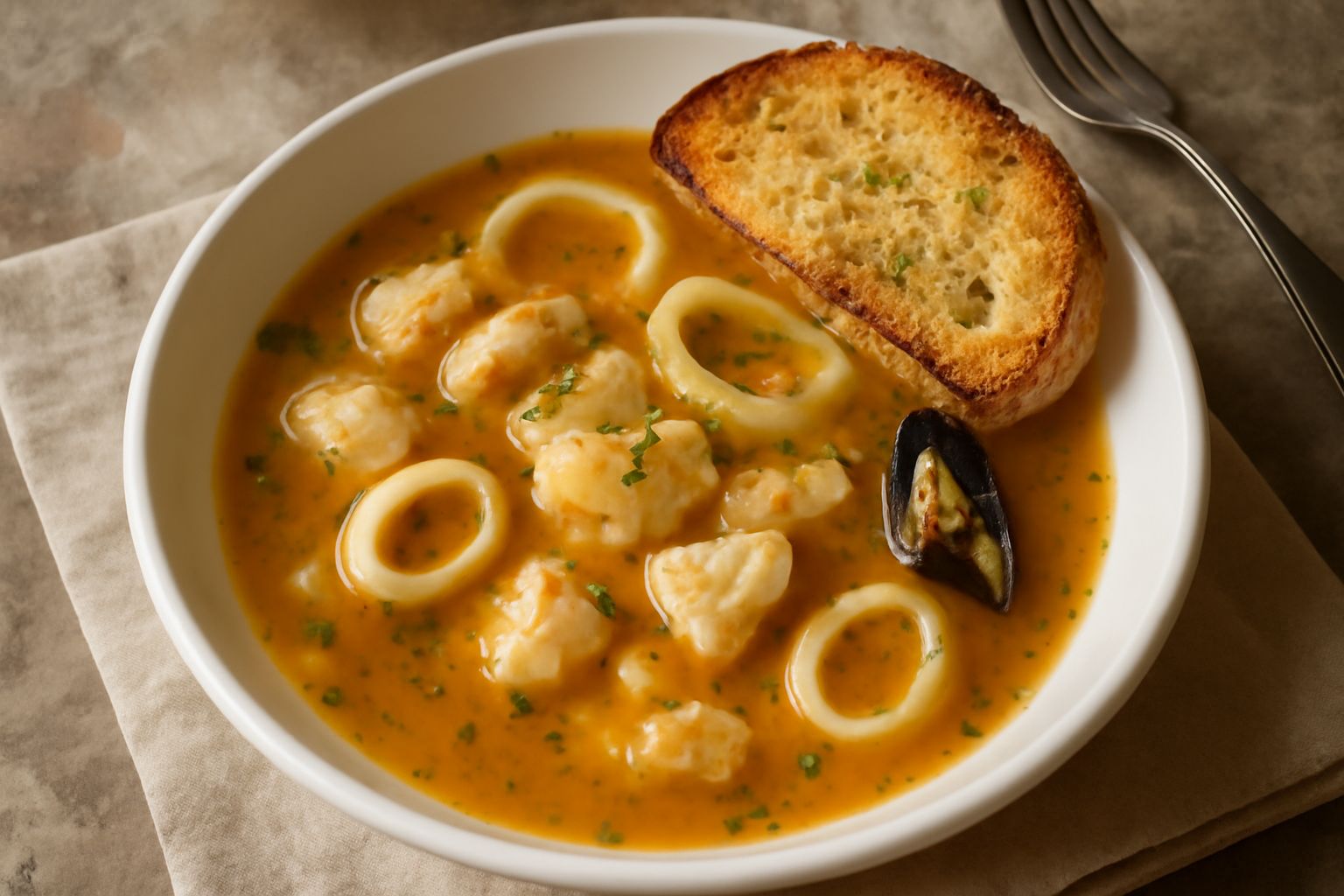 Una ciotola di brodetto alla pisana con diversi pesci bianchi e molluschi in brodo giallo, decorata con prezzemolo fresco e pane tostato sul bordo, su un tavolo di legno naturale con limone a fette ac