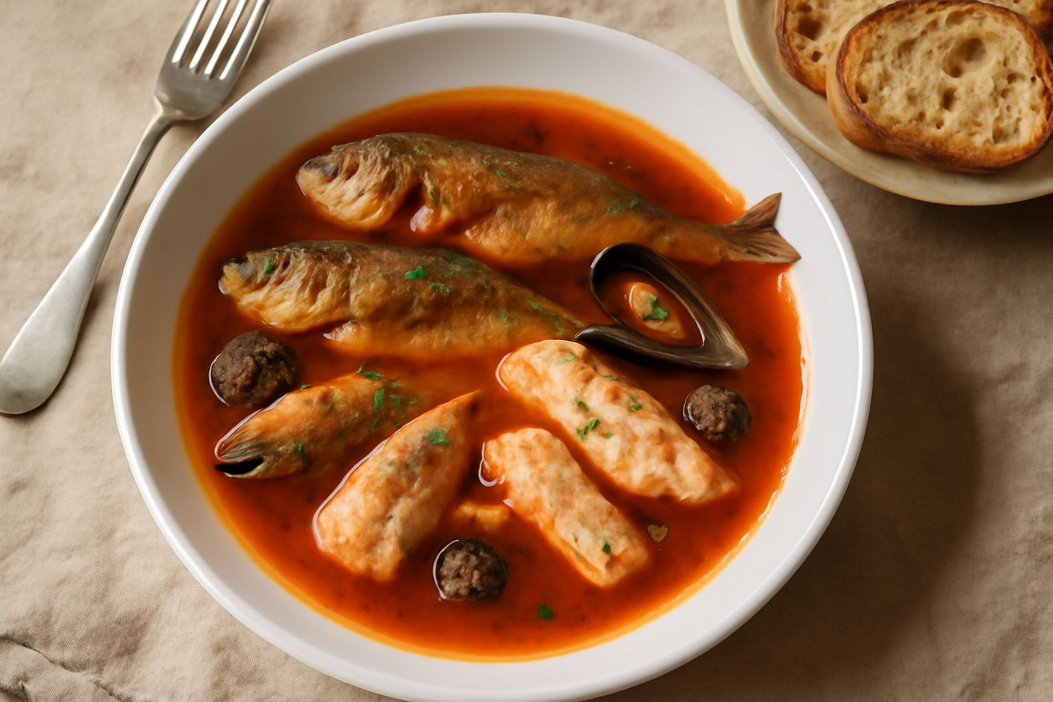 Brodetto alla pontina in piatto fondo di ceramica bianca, brodo rosato con pecorelle intere e filetti di pesce, cipolla bianca visibile, pane tostato sul bordo del piatto, tavolo di legno chiaro con t